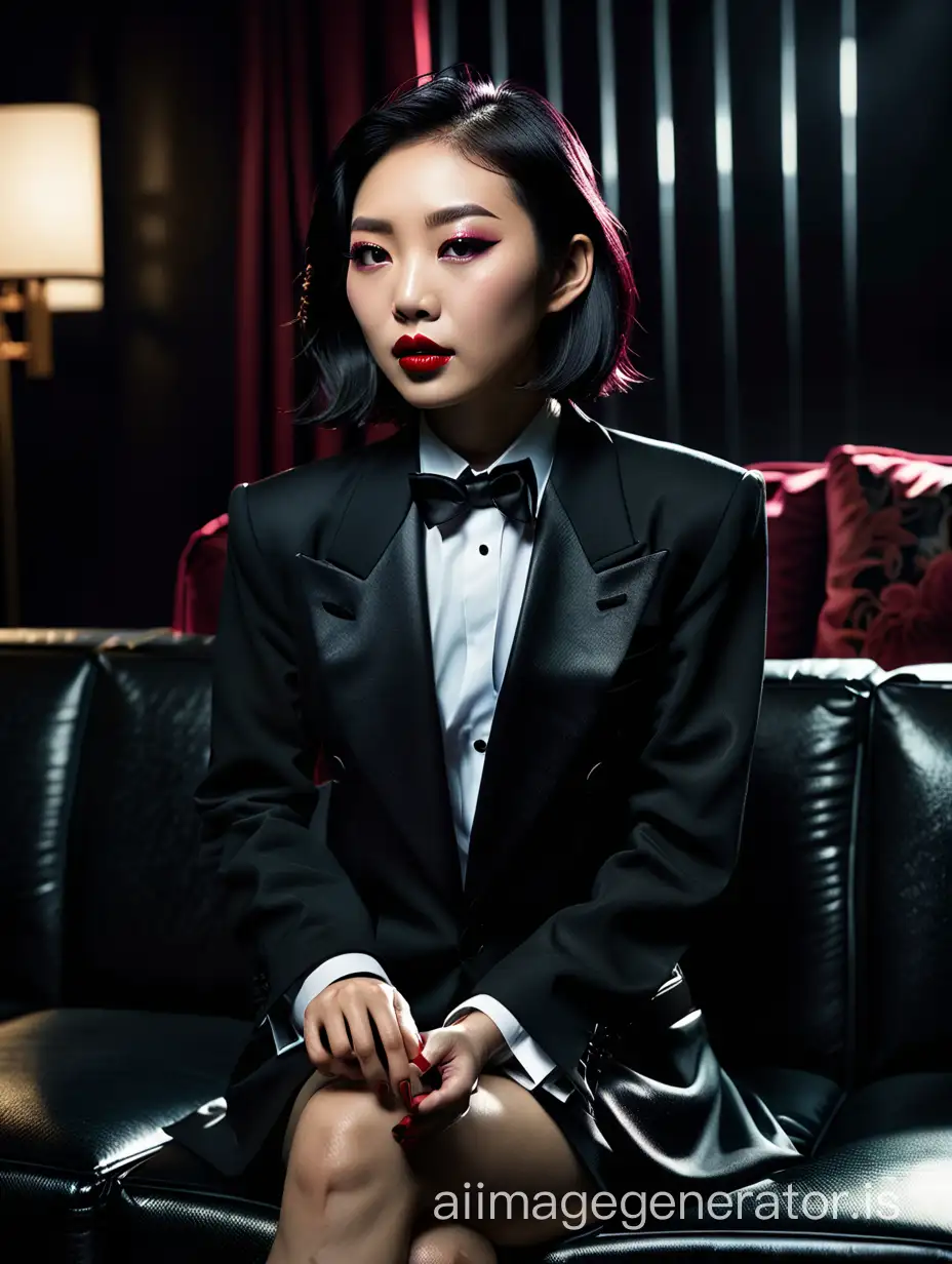 Elegant-Chinese-Woman-in-Tuxedo-Sitting-on-Couch-in-Dimly-Lit-Room