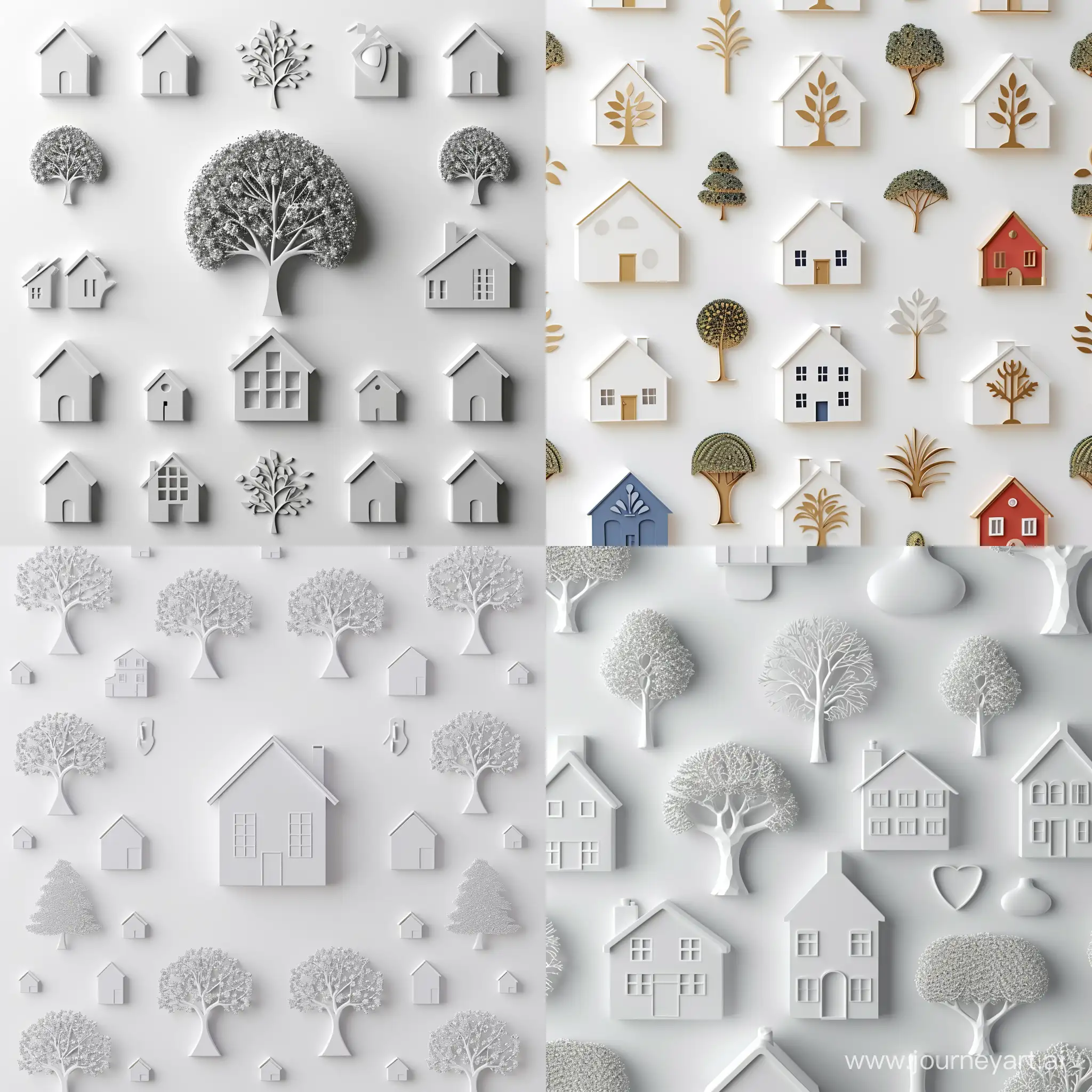 White background with empty and 3D vector houses and vector tree and house emblems 