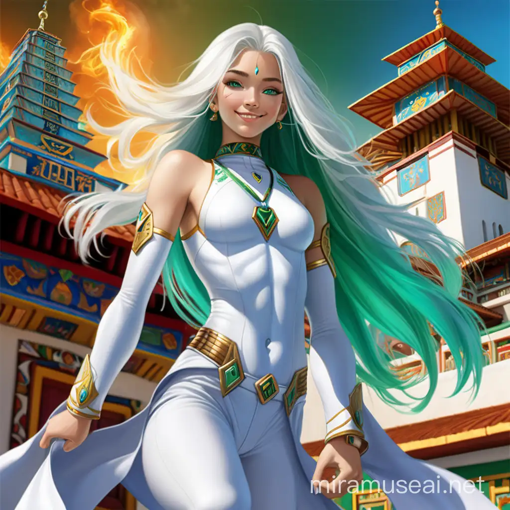 Ethereal WhiteHaired Teen in Superhero Pose with Tibetan Monastery