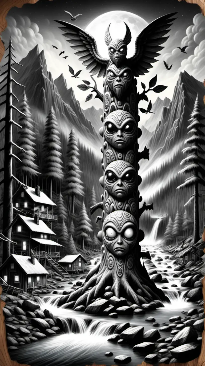 Alien Totem Pole in Mountain Stream with Lumberjack and Cabin