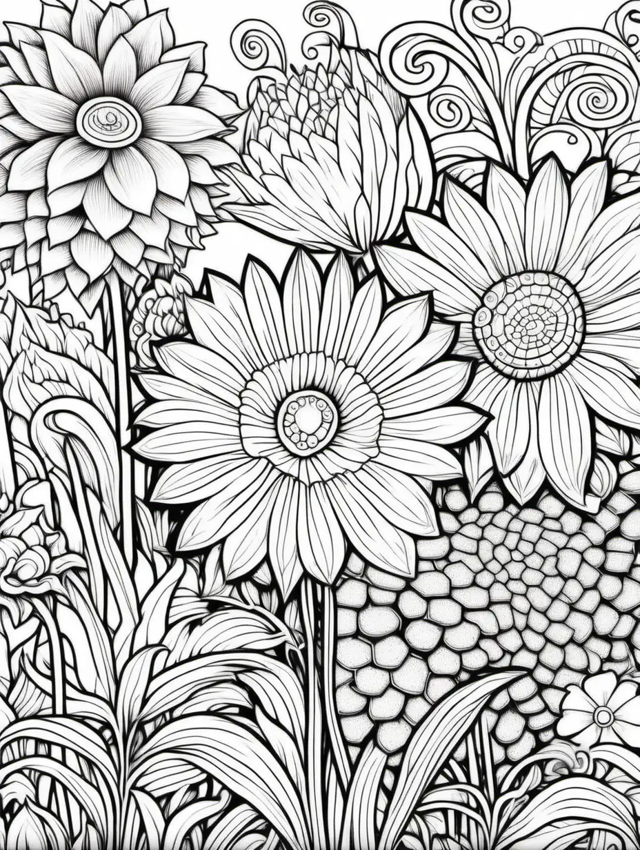 distinct flower and garden patterns, designed as outlines on a white background, suitable for an adult coloring book
