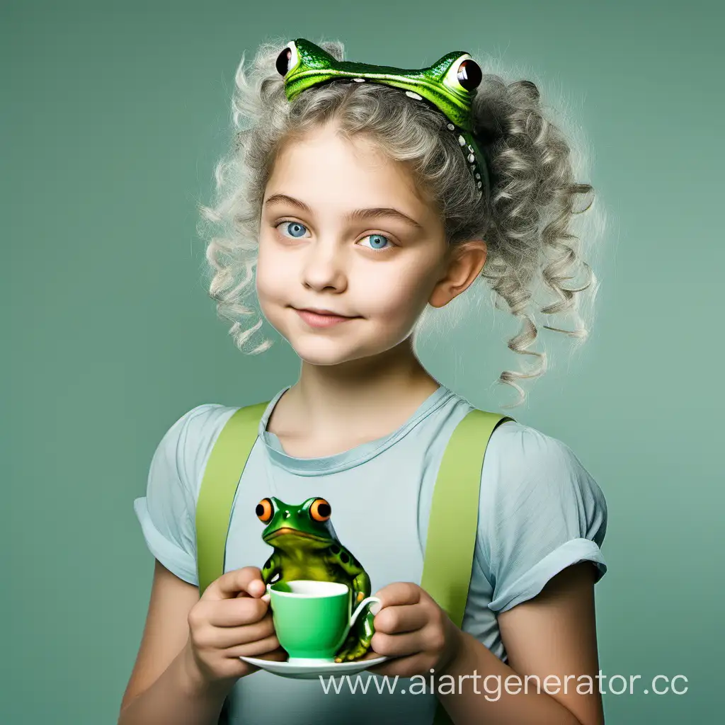 Slightly chubby twelve-year-old girl with short gray curly hair twisted into a ponytail, gray-blue eyes, fair skin, a tea-green shirt and a frog headband. From Russia