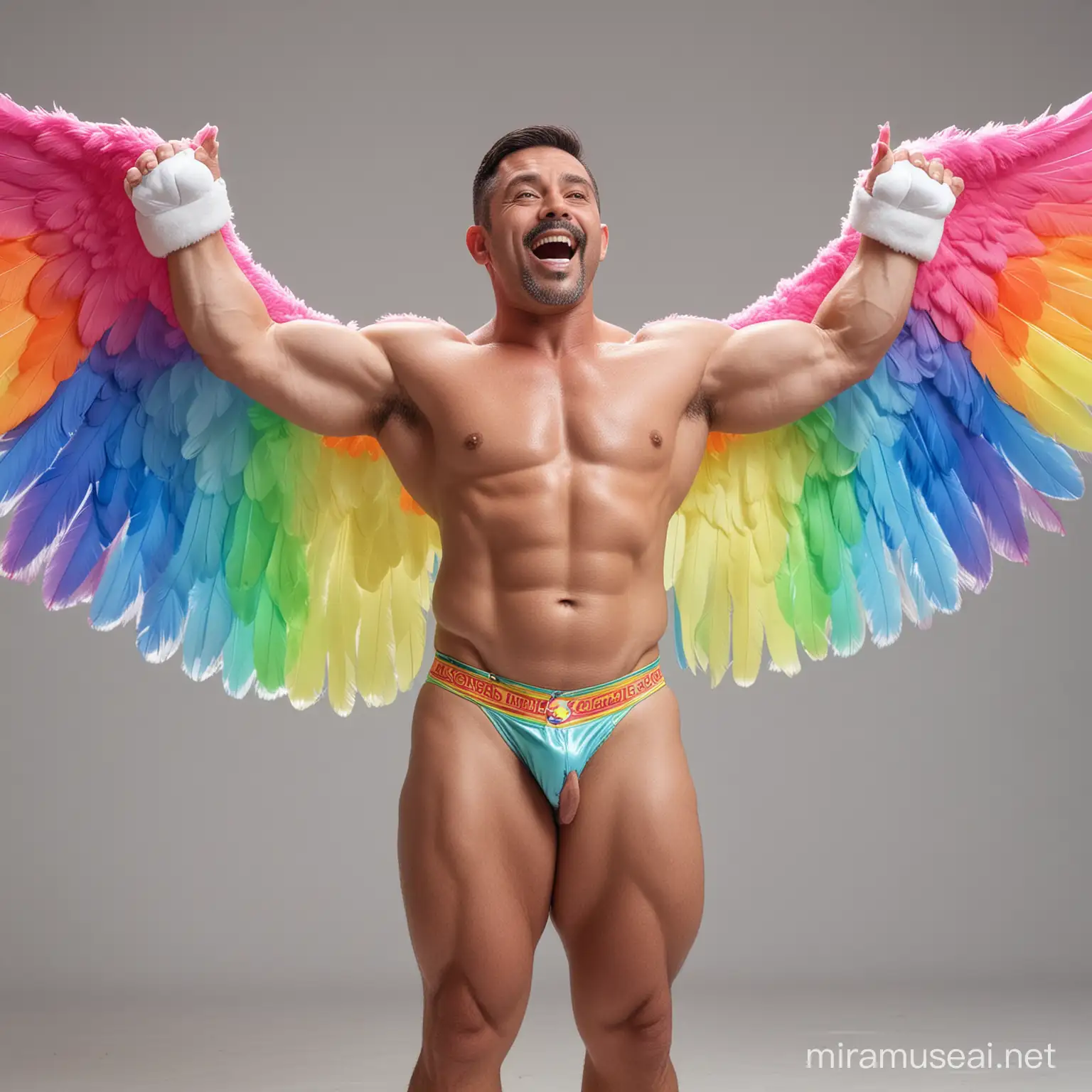 Ultra Chunky IFBB Bodybuilder Daddy Flexing in Rainbow Colored See Through Eagle Wings Jacket and Doraemon Short Shorts