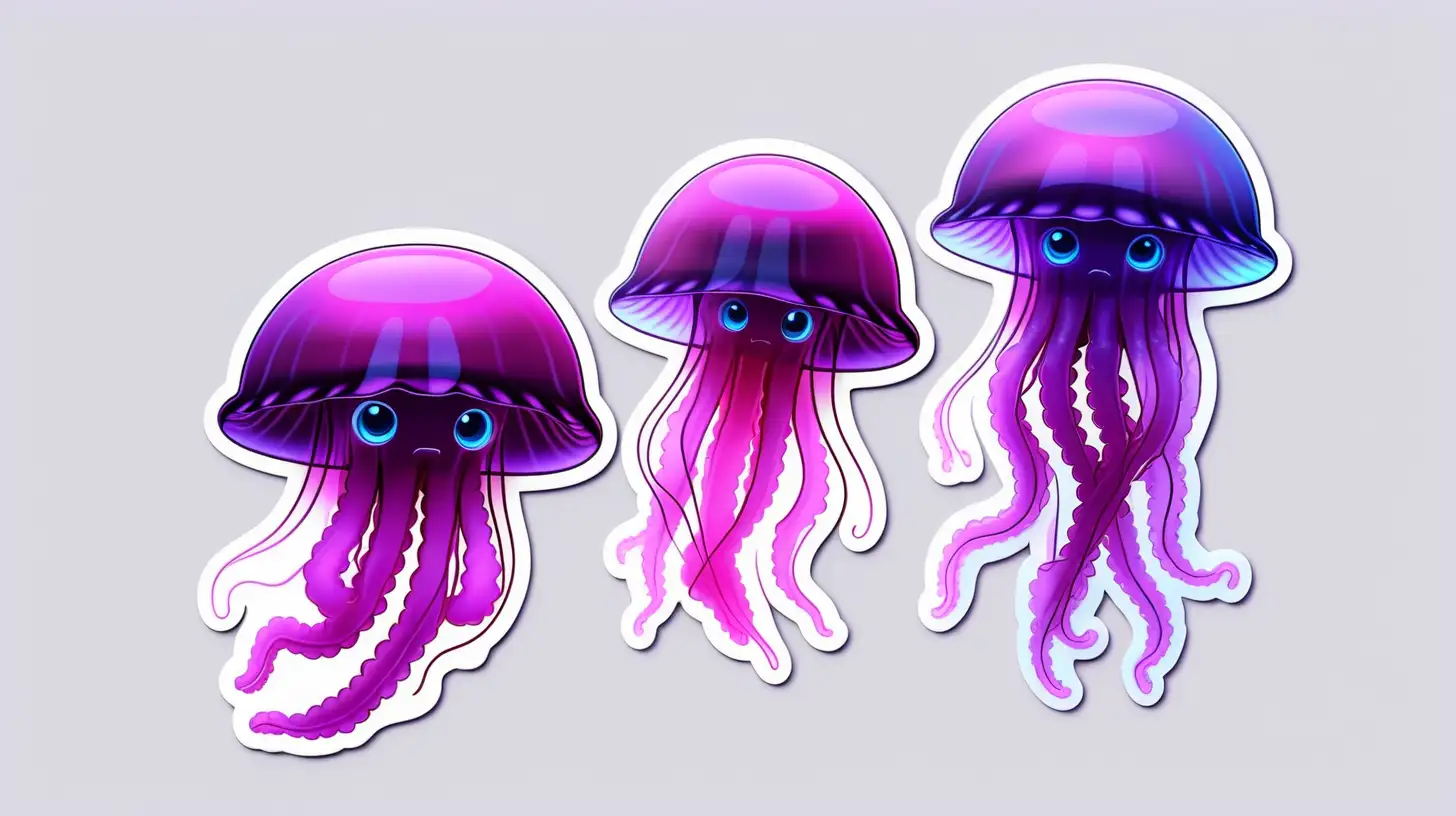 Sticker,Cartoon, cute silhouette translucent jellyfish, different shades of purple and pink with pretty blue eyes in florescent fashion , james bond swagger, white background, Vermeer style, 12k, high quality, HD, octane render, cinematic lighting