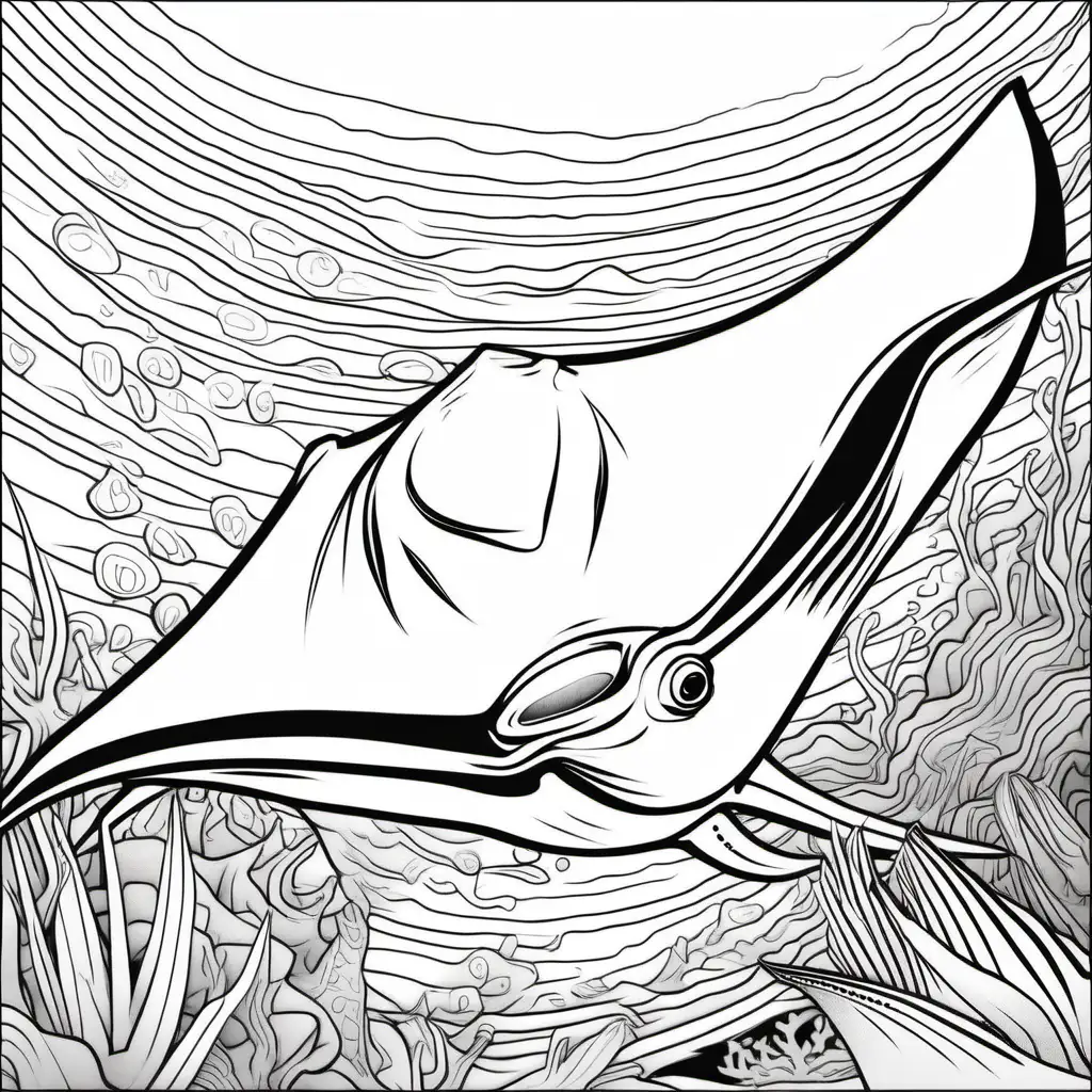 image a coloring page kids ages 8-12 of a manta ray, cartoon style, thick bold lines, low detail. no shading --ar 9:11