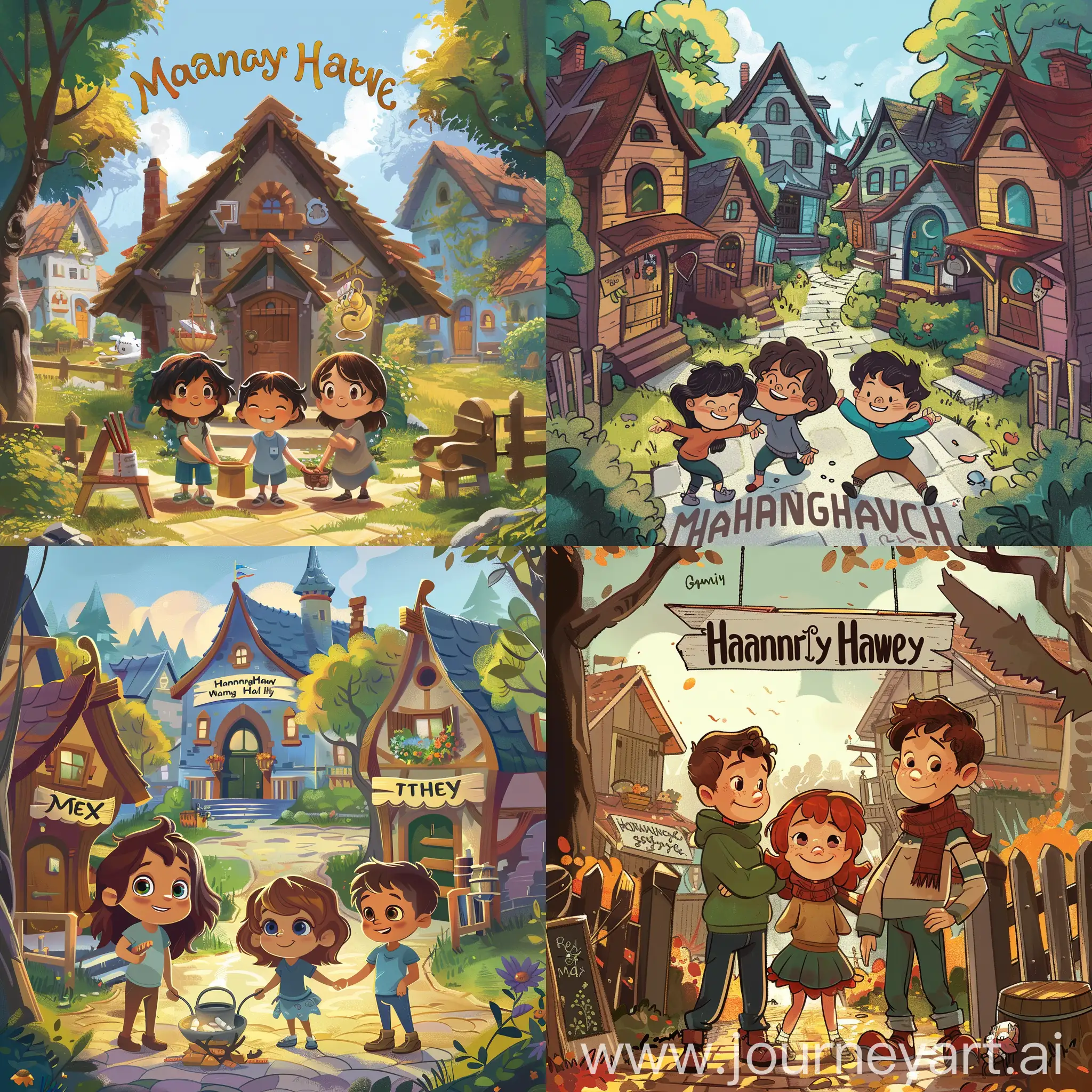 (for story book kids) Introduction to the town of Harmony Haven and the friendship between Max, Lily, and Theo. , Cartoony style
