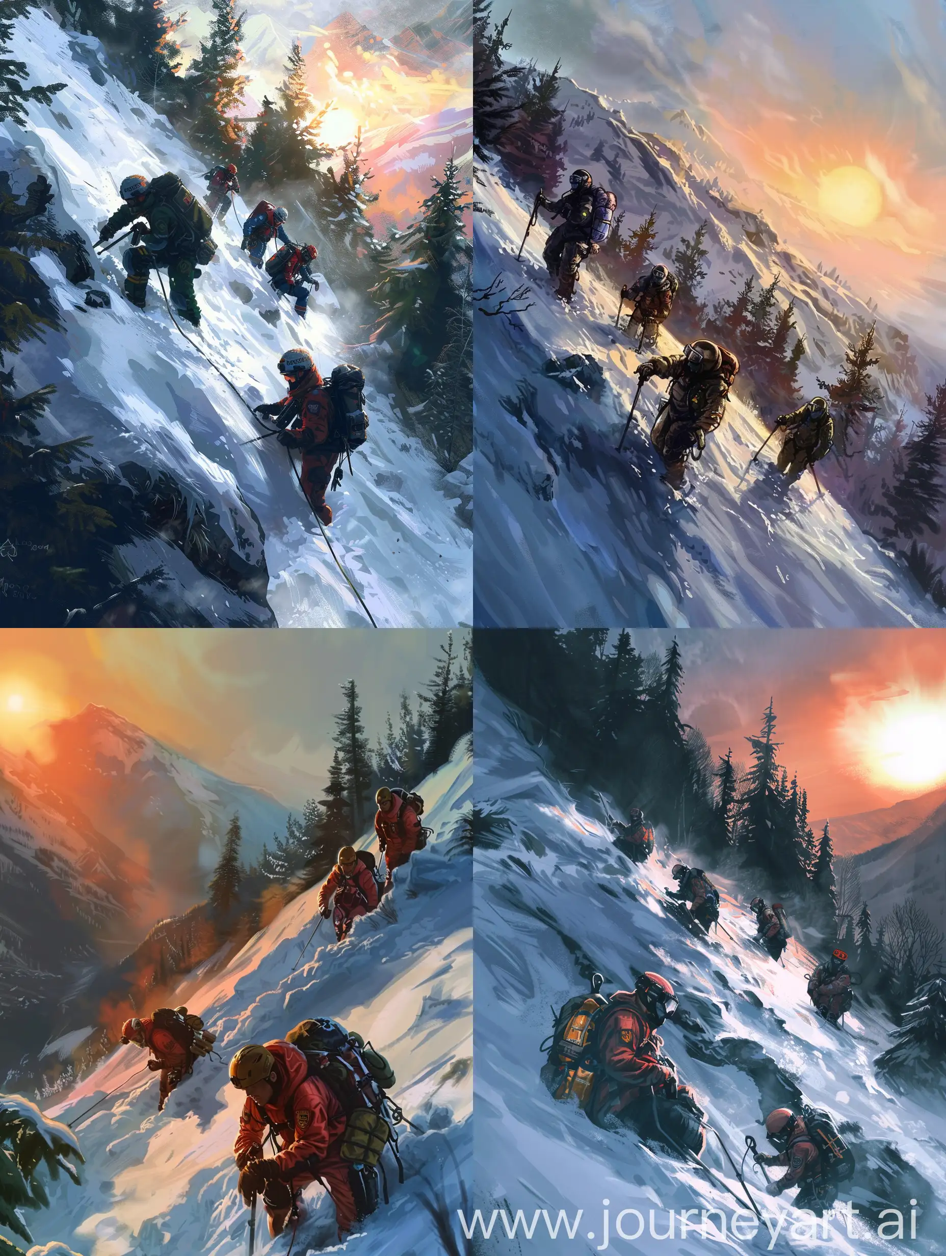 Design a realistic image of a search and rescue team working in a challenging environment. The team members are depicted equipped with search and rescue gear, working on the snowy slopes of a mountain or in a forested area. In the background, the sun is either rising or setting, enhancing the dramatic atmosphere.