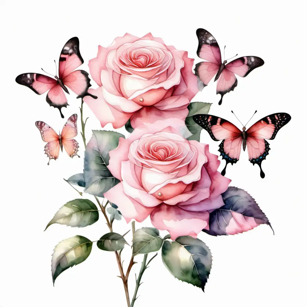 3 stora rosor utan stjälkar, 2 små fjärilar, pärlhalsband i rosa nyanser i vattenfärg