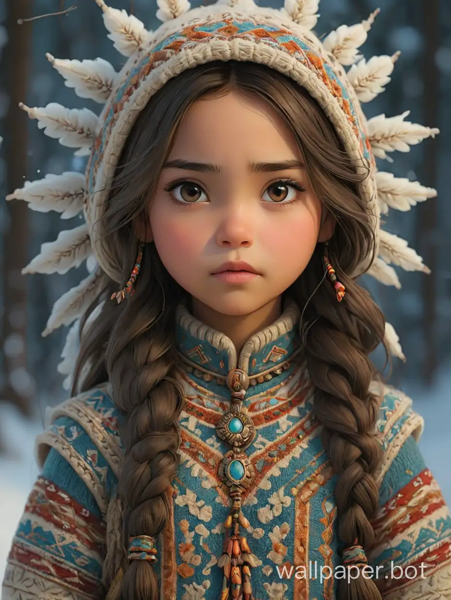 Native American girl wearing qiviut knitted warm clothing, textile art, warm fabrics, intricate stitches, handmade clothing, styled by Mark Ryden, Alessio Albi, artistic intricate scene, intricate details.