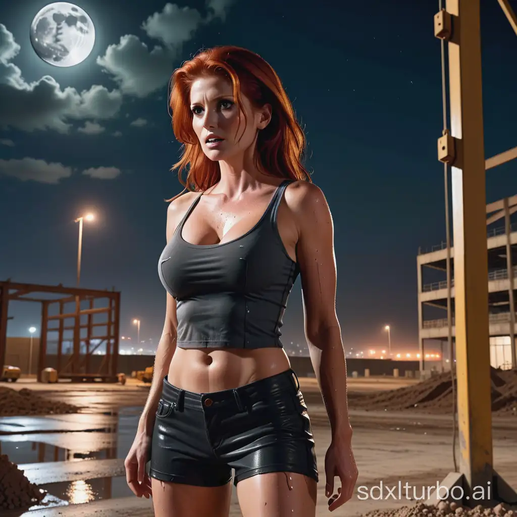 2010 tv show. Action shot. Panicked bombshell Angie Everhart (in her mid 30s) in a empty construction site at night. She has long stylish red hair and is wearing a dark red tank top with black  shorts. She is in pillar with next a young bald man with a goatee in a black t shirt  pouring wet cement on top of  her. She’s is nervous and panicked. gritty atmosphere. The moon looms in the background. photo realism. Cinematic full body image.