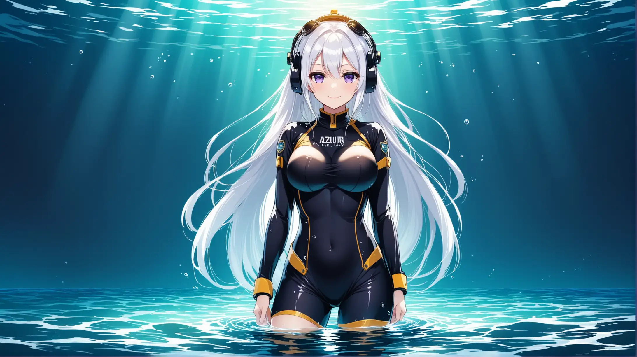 Draw the character Enterprise from Azur Lane, pale violet eyes, white hair, high quality, ambient lighting, long shot, standing in water, seductive pose, scuba suit, smiling at the viewer