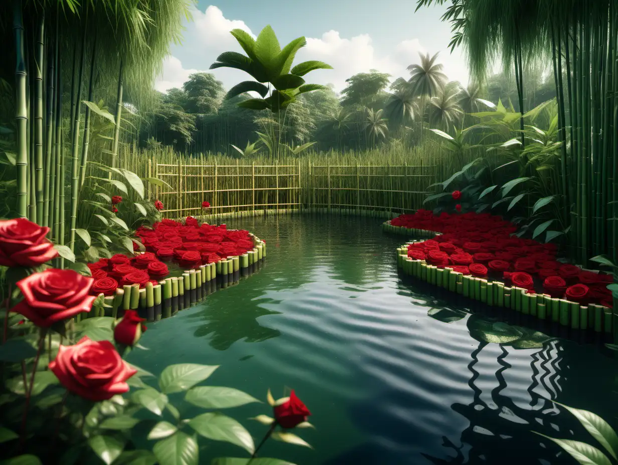 Lush Jungle Pond with Reed Island and Red Roses