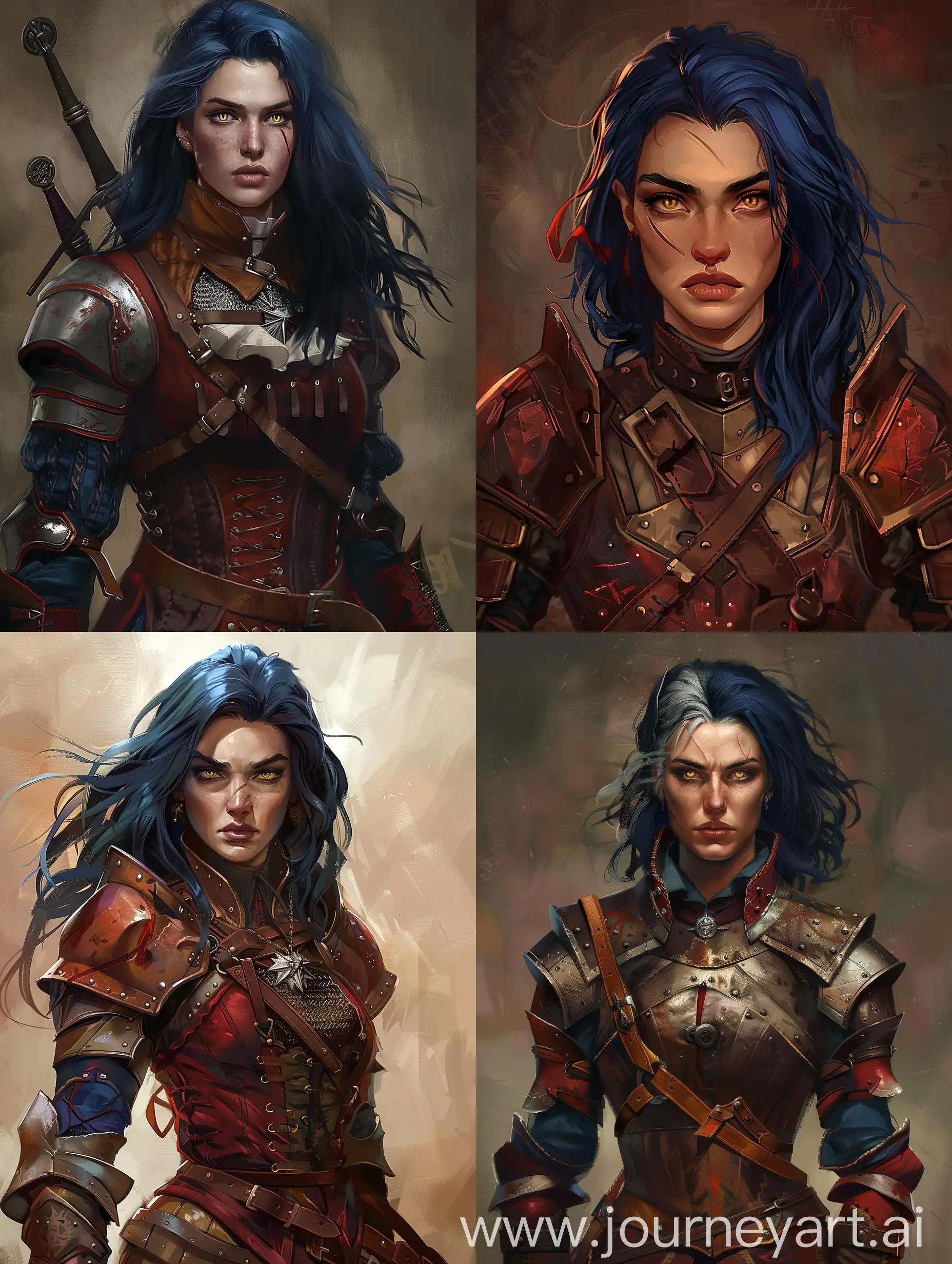 an intimidating woman witcher with dark blue hair and honey eyes. She is tall scary. Dressing in medieval armour with red and brown  colours.