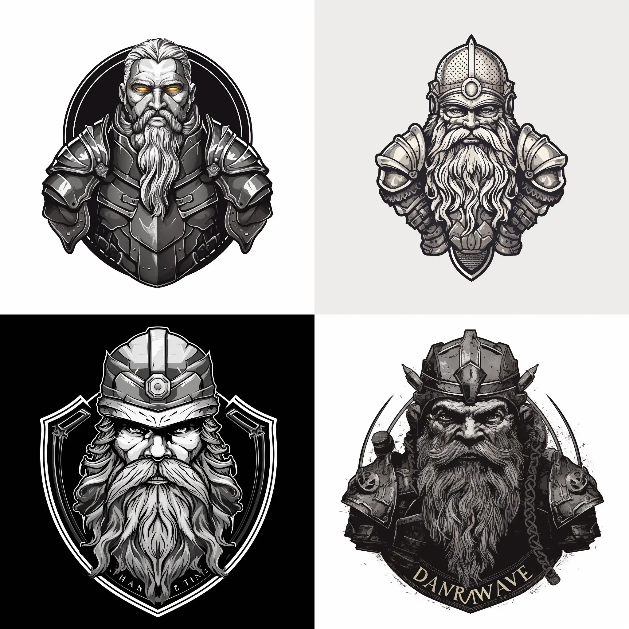minimalistic halftone and primitive logo of dwarf in armor, gray beard, detailed armor, in vector style