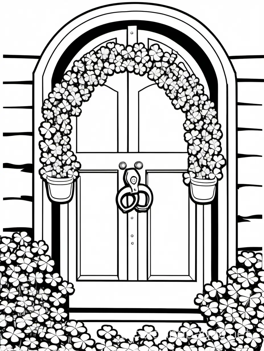 A horseshoe with shamrocks hanging on a door
, Coloring Page, black and white, line art, white background, Simplicity, Ample White Space. The background of the coloring page is plain white to make it easy for young children to color within the lines. The outlines of all the subjects are easy to distinguish, making it simple for kids to color without too much difficulty