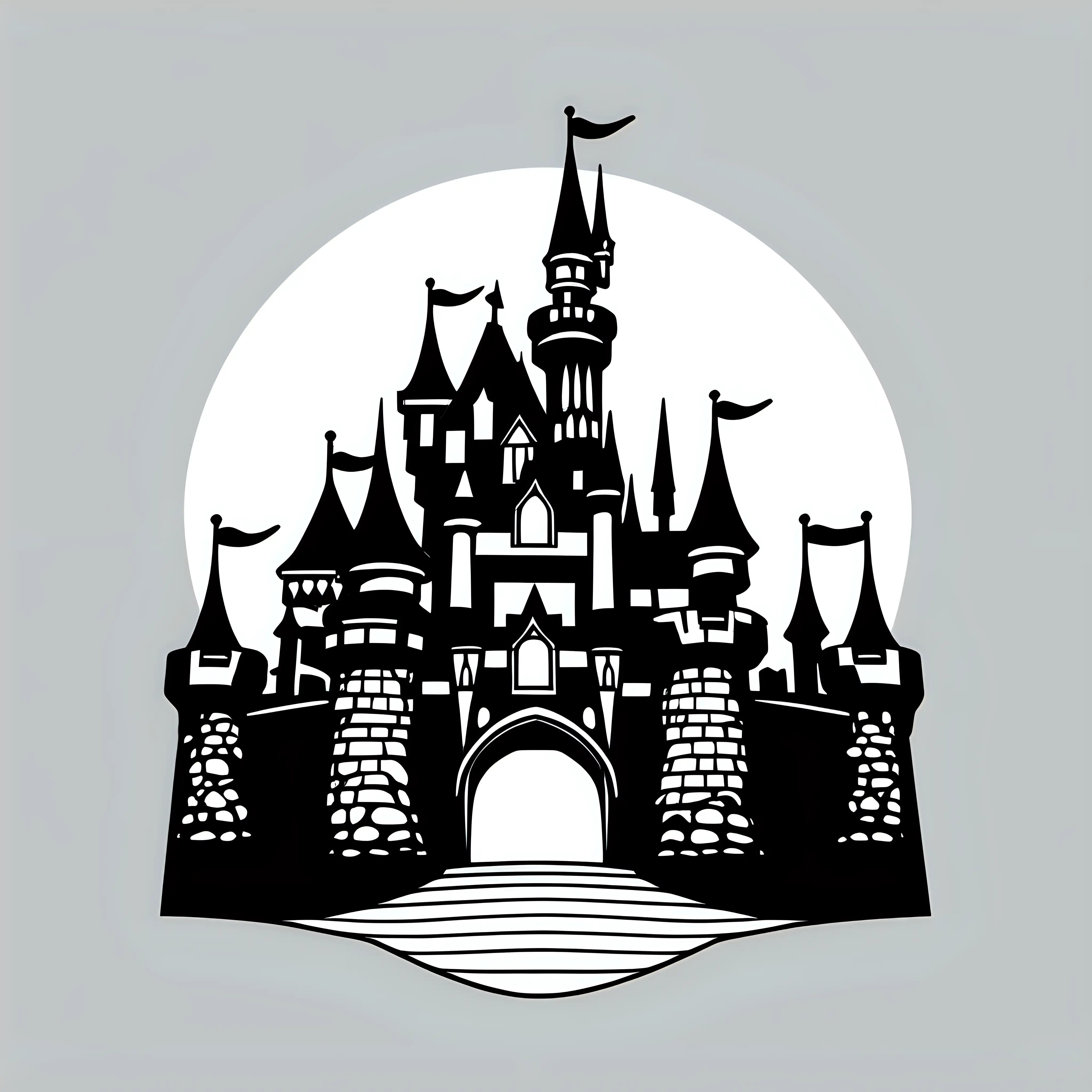 Create an all black silhouette image of disneyland's sleeping beauty castle on a white background. Image for a t shirt. 