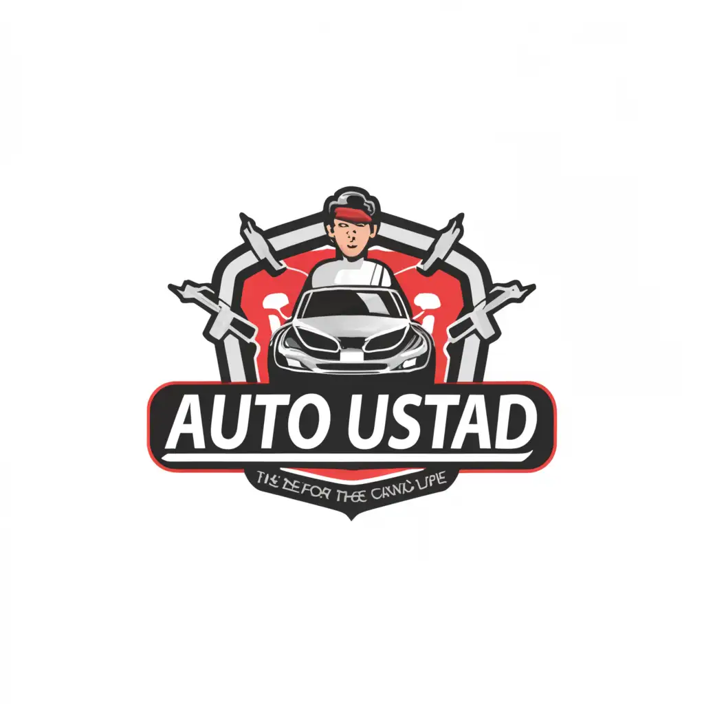a logo design,with the text "Auto Ustad", main symbol:a guy tools in hand and car on front,Moderate,clear background