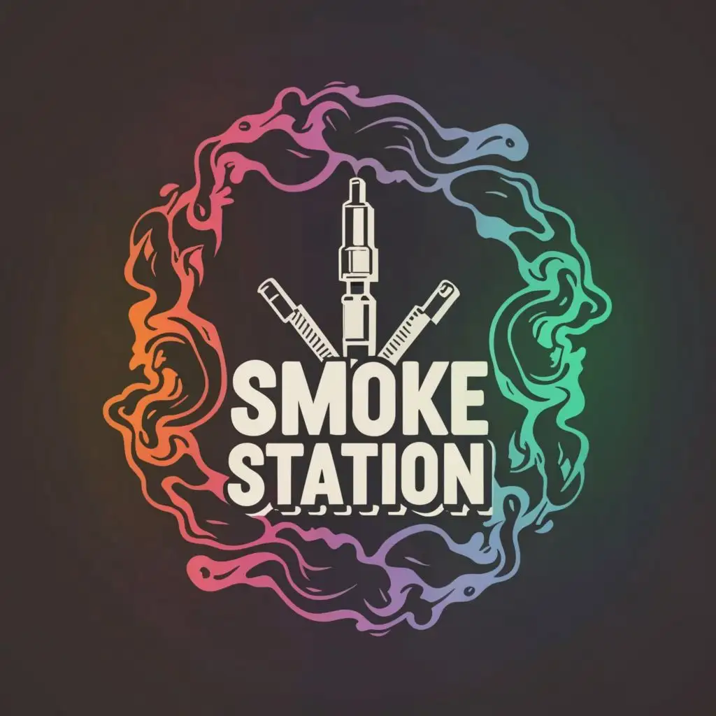logo, Grey Smoke background, hookah and e-cigarette/ vape pen background, colorful/ minimalist, circular, with the text "Smoke Station", typography