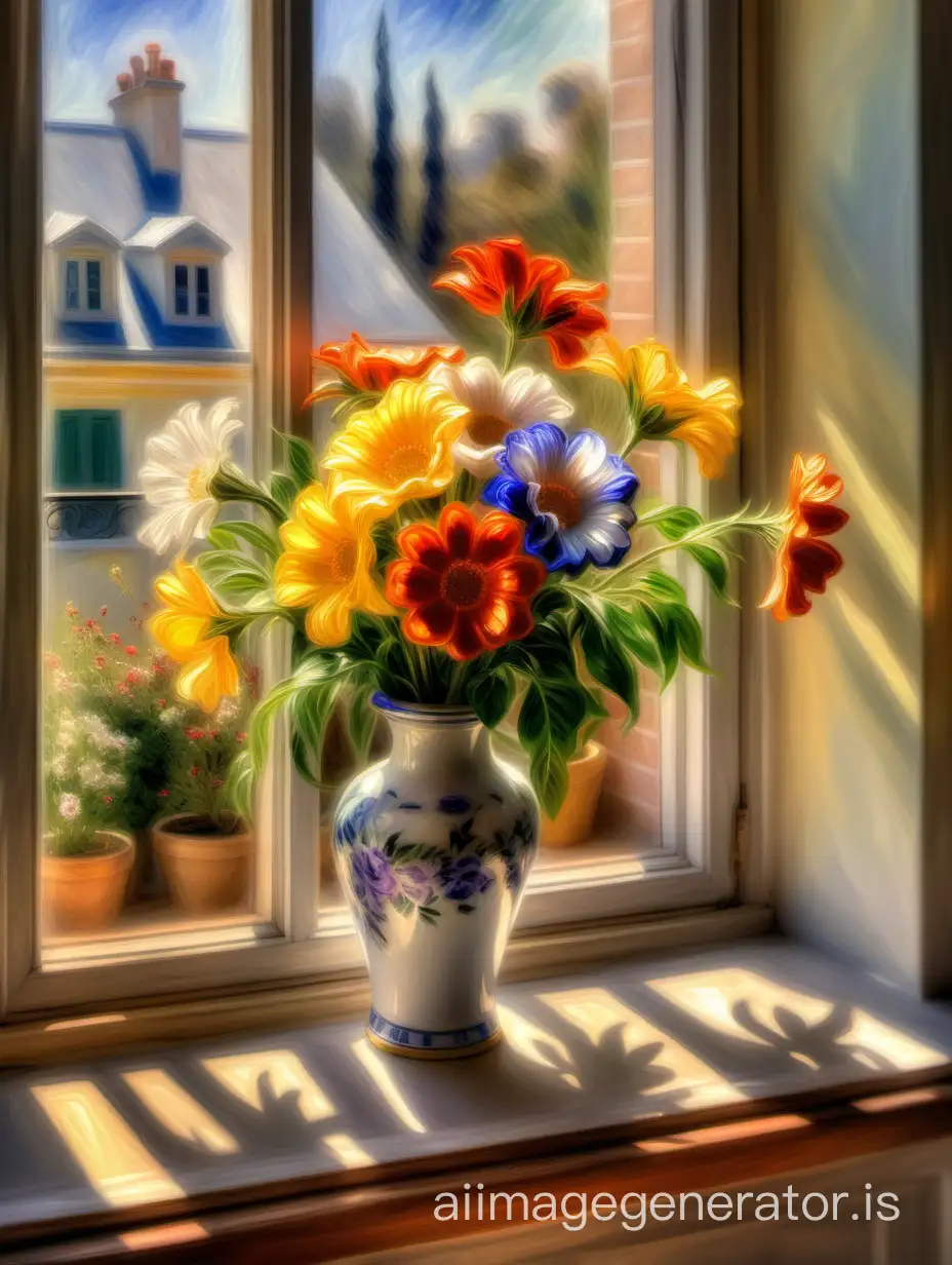 Renoir oil painting of a vase of 5 flowers in a window sill with sunlight,  digital art