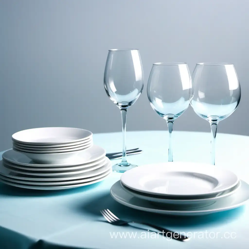 clean plates, clean cutlery, glass goblets on the table around a bright background
