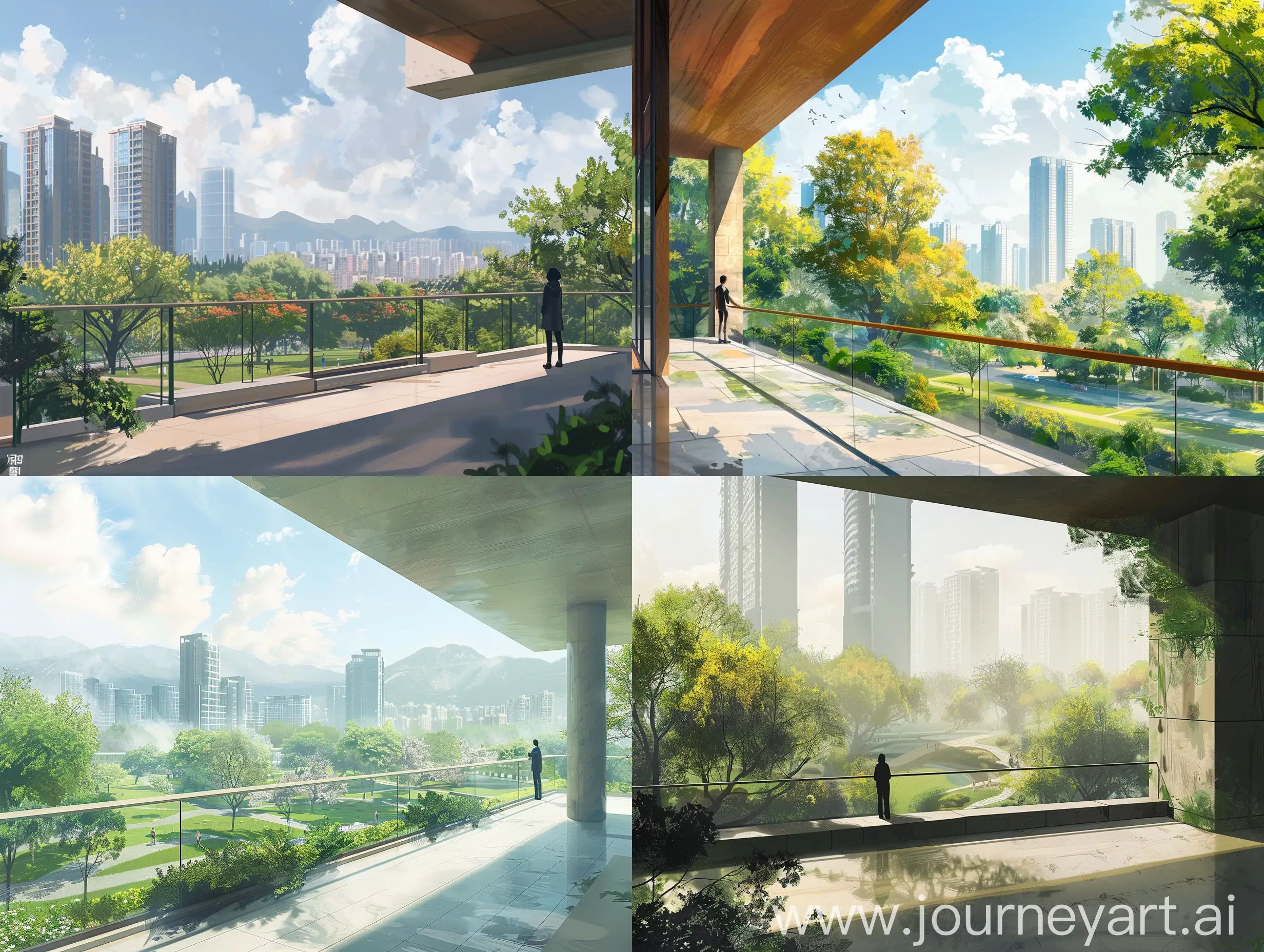 a person standing on the balcony, chongqing city downtown park area, daytime, smart city, visuals, concept painting