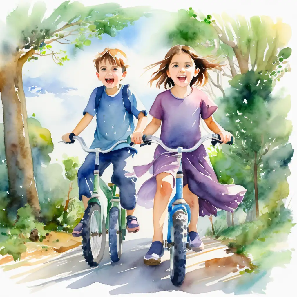 Anxious Children Rushing on Bikes Vibrant Watercolor Art