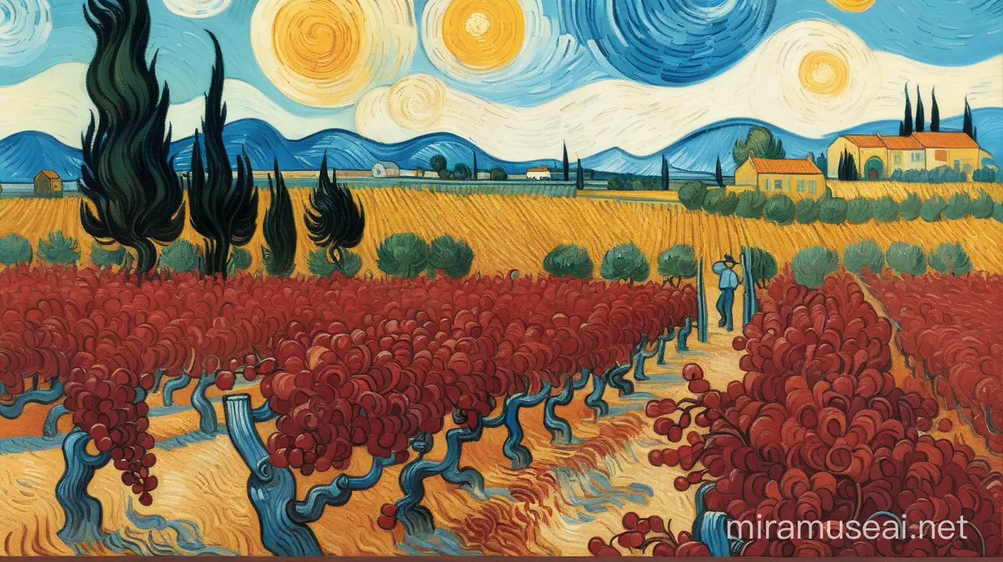 illustration of the painting "The red vineyard" of vincent van gogh, simple ,neat and minimalistic