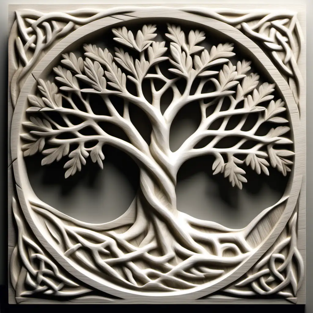 celtic olive tree,
carved in wood with leaves, but looks like translucent white alabaster, 3d relief, topographical gray scale