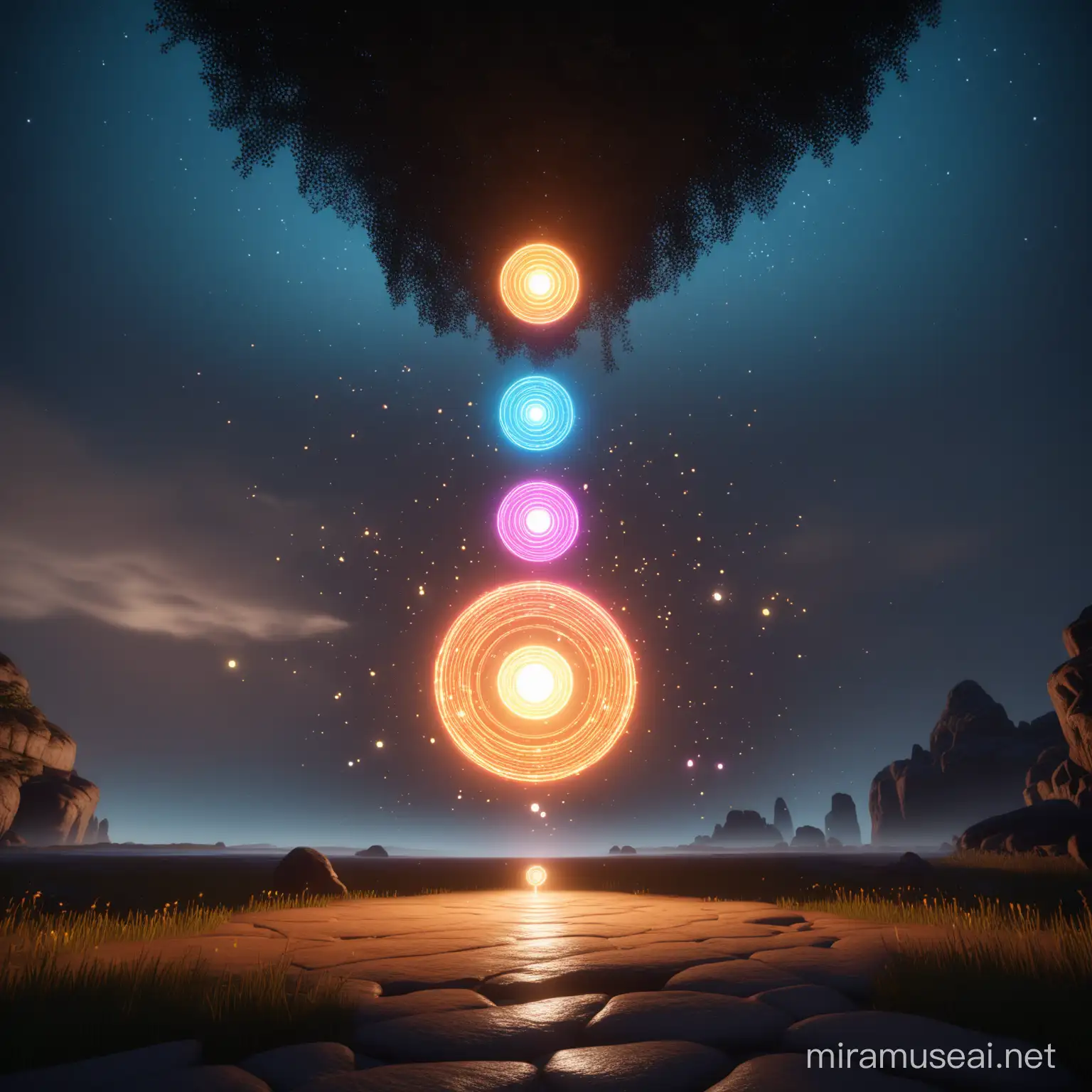 /imagine prompt: 3D Animation, personality: The camera fading to black, leaving only the memory of the chakra's enchanting presence lingering in the air. Illustrate the sense of mystery and magic in the fading scene. Unreal engine, hyper real --q 2 --v 5.2 --ar 16:9