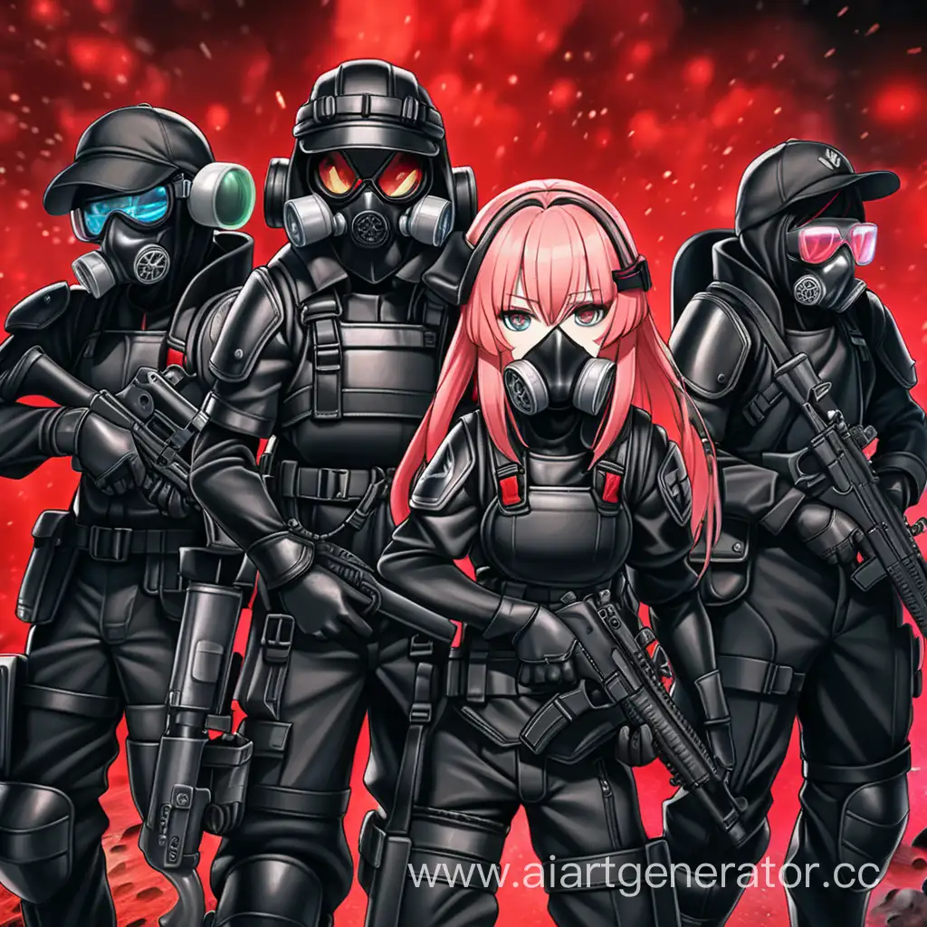 Epic-Anime-Squad-in-Black-Armor-and-Gas-Masks-with-Intense-Red-Glint