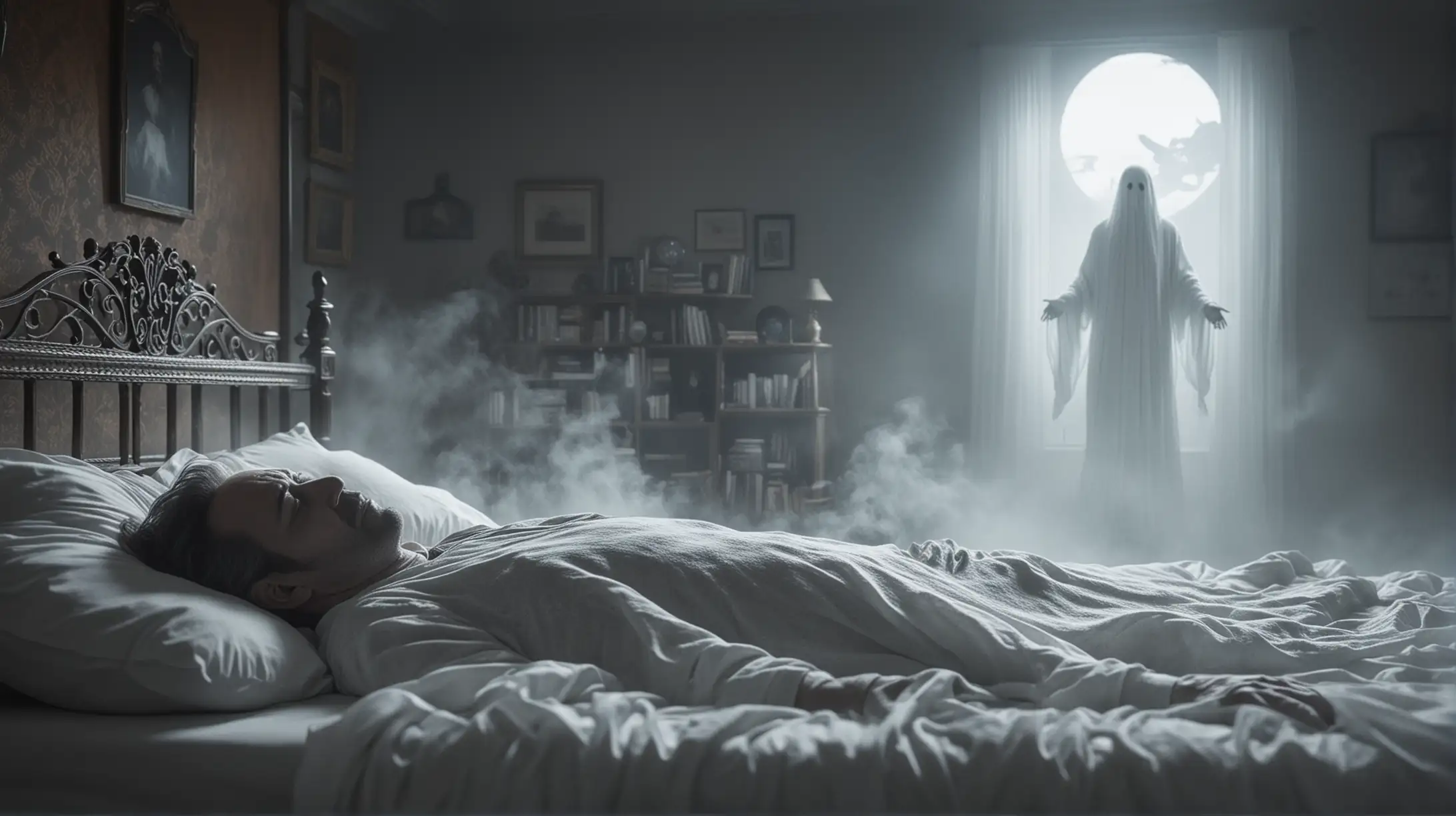 ghost hovering over someone who is sleeping, scary, haze, ultra-detailed, film photography, light leaks, Larry Bud Melman, trending on artstation, sharp focus, studio photo, intricate details, highly detailed, by greg rutkowski