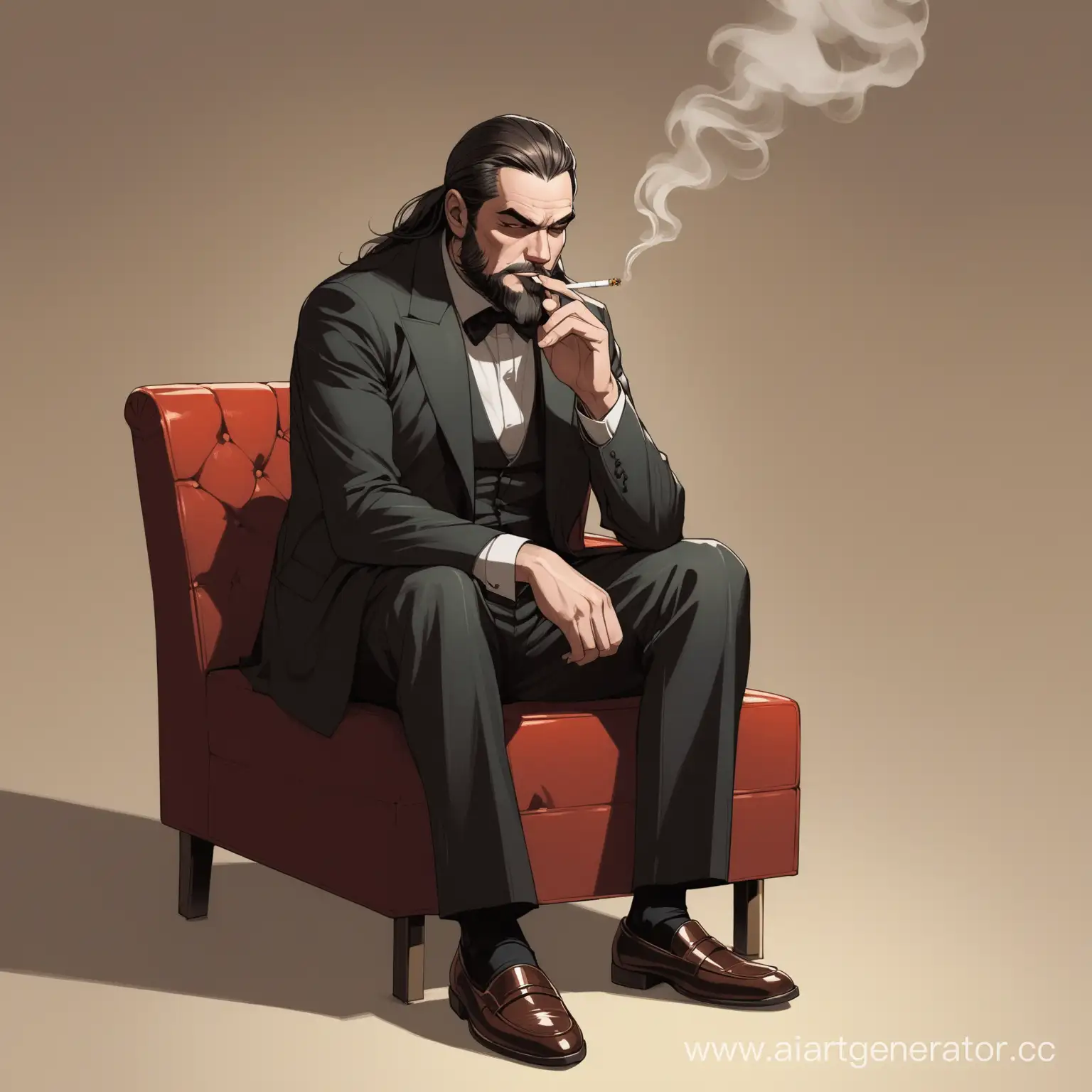 пафосный мужчина сидит и курит сигарету