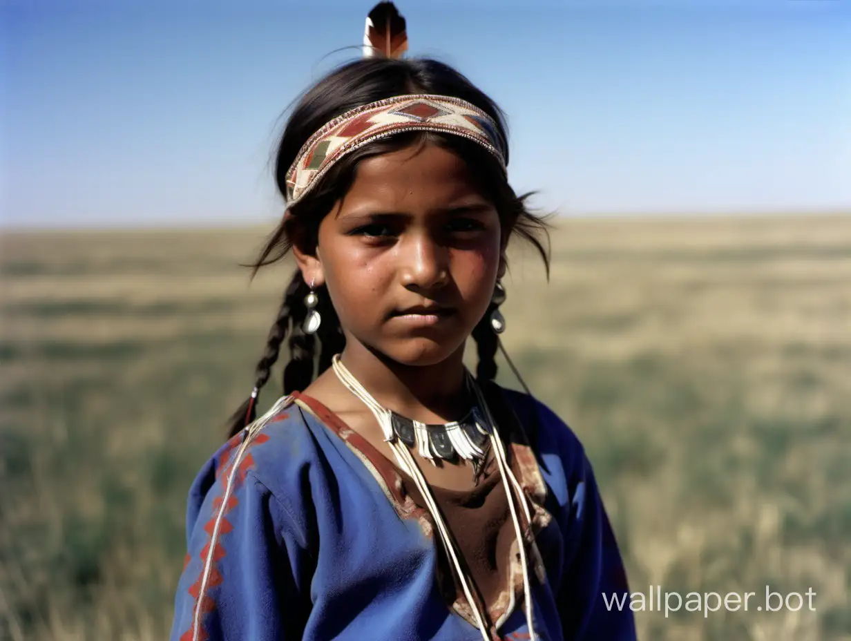 girl Indian from tribe 13 years old on steppe color photo