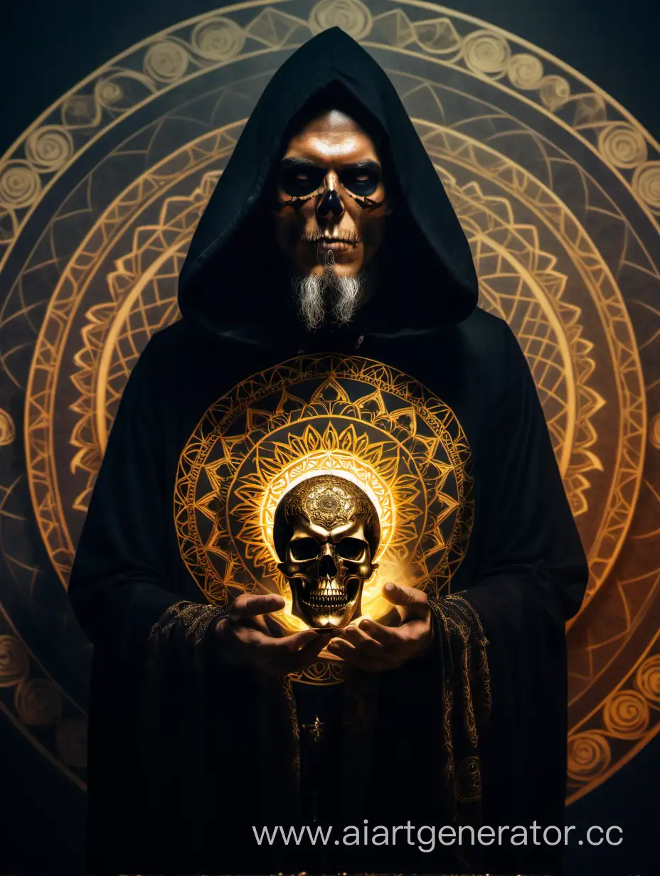 Мрачный человек колдун, чародей, черный балахон, череп в руке, мандала на заднем плане, золотой отлив, мрачные оттенки, 4к, hd