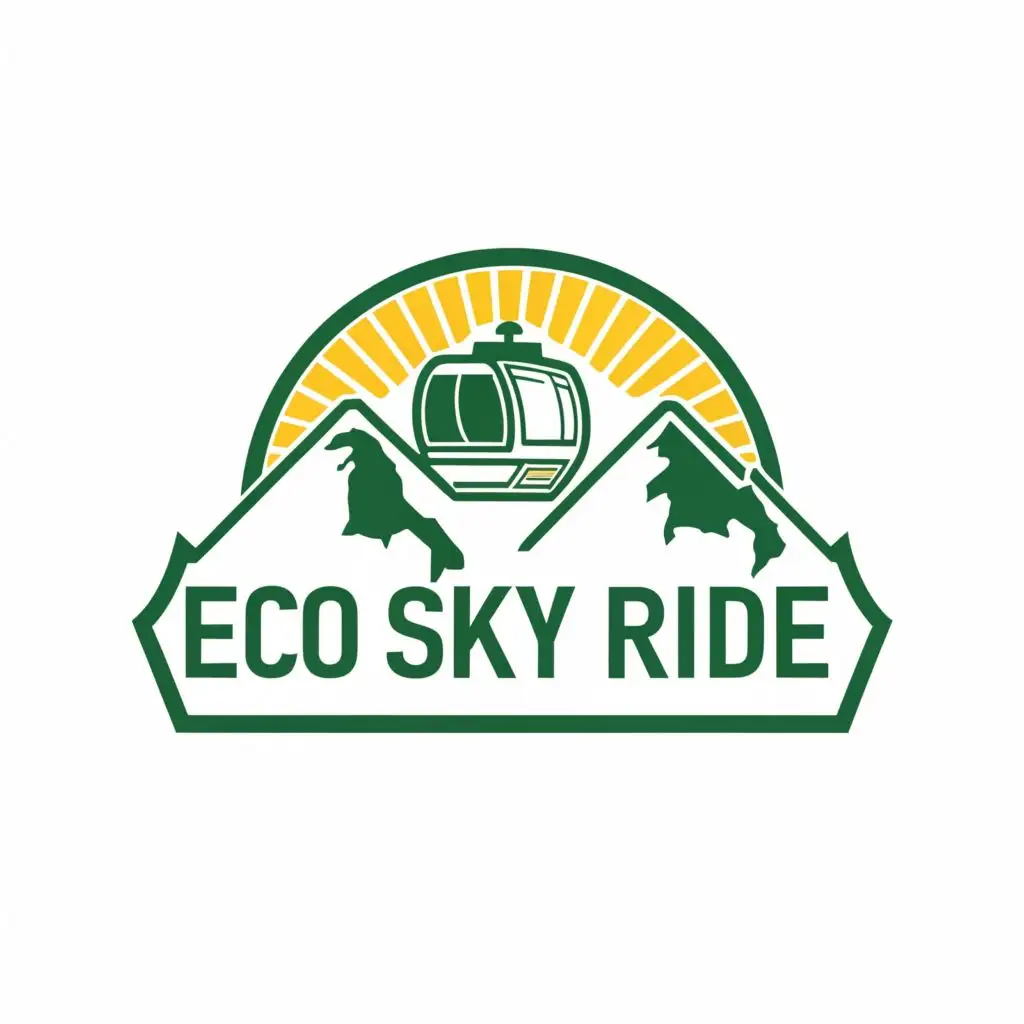 a logo design,with the text "Eco Sky Ride", main symbol:Logo with a silhouette of mountains supporting a gondola or cable car, with the sunrise in the background,Moderate,be used in Travel industry,clear background