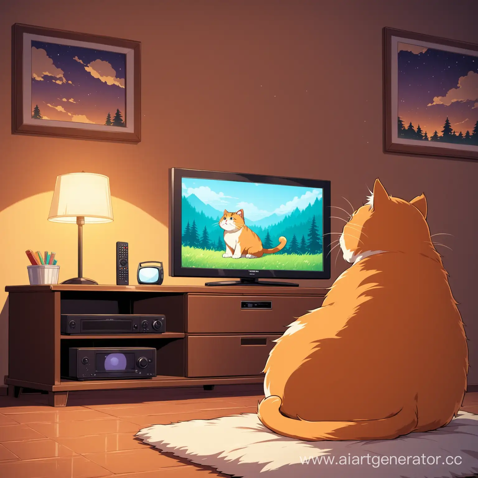 Cartoon-Cat-Enjoying-Evening-TV-Time-at-Home