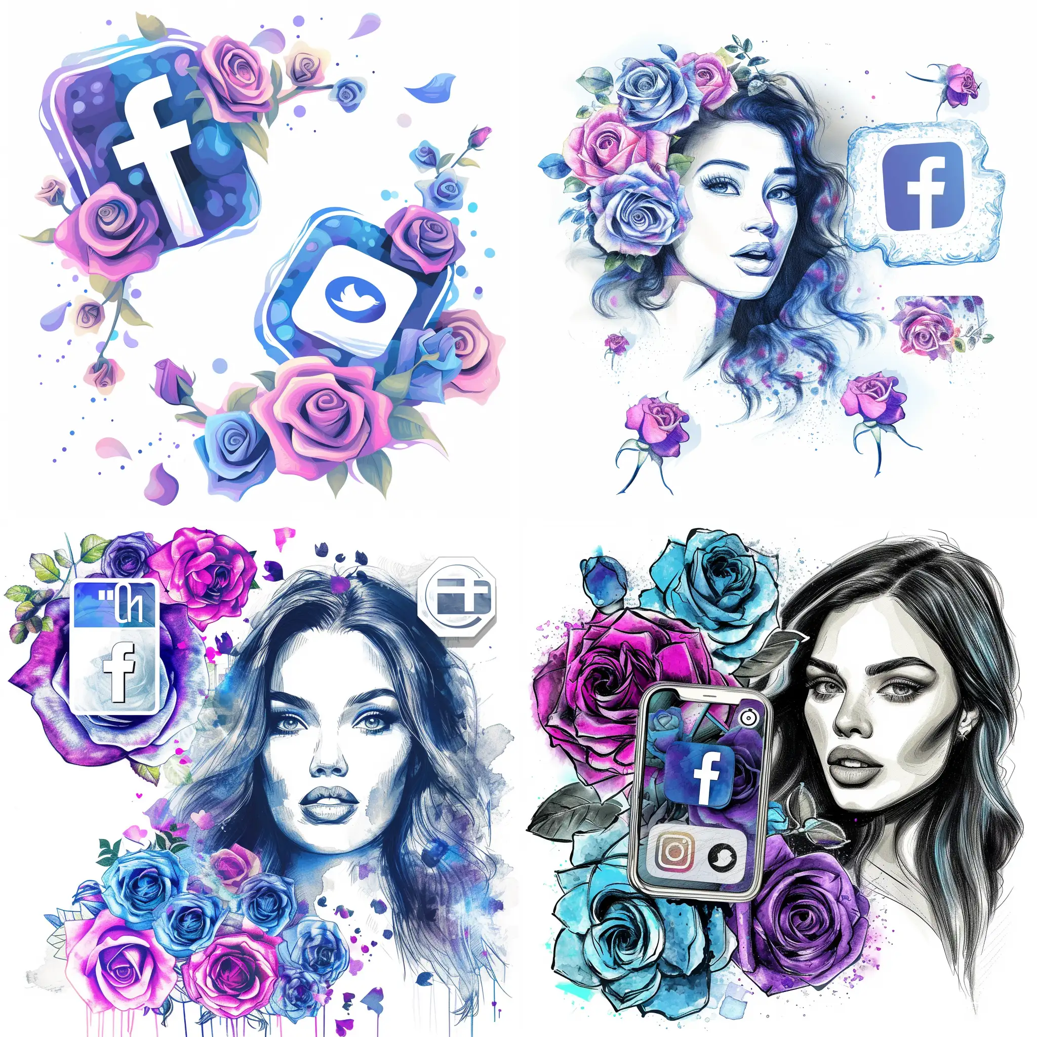 Facebook icon and Instagram icon next to each other with a beautiful appearance and blue and purple roses emanating from them.Victor sketch drawing illustrator style on white background. 