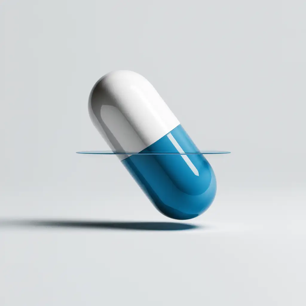 make me a pill on a white background, half transparent and half blue, floating just above the background