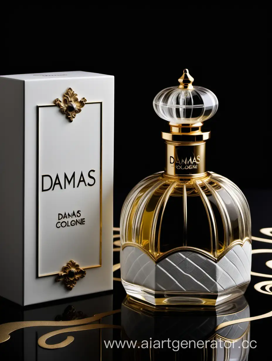 a bottle of damas cologne sitting next to a dark White box,with golden lines a Baroque dynamic luxurious composition, feminine
flemish Baroque