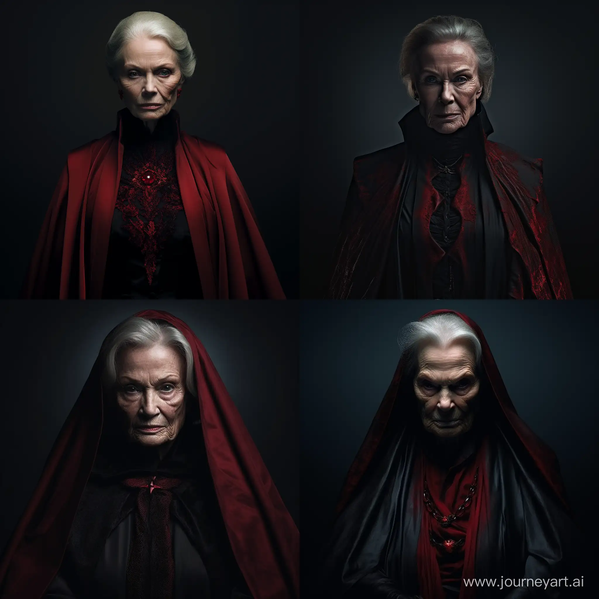Sith elegant older woman, portrait, Sith, dark red cloak, darkness, scar on face, fashion photography, strong contrast lighting, cinematic, arrogant, angry