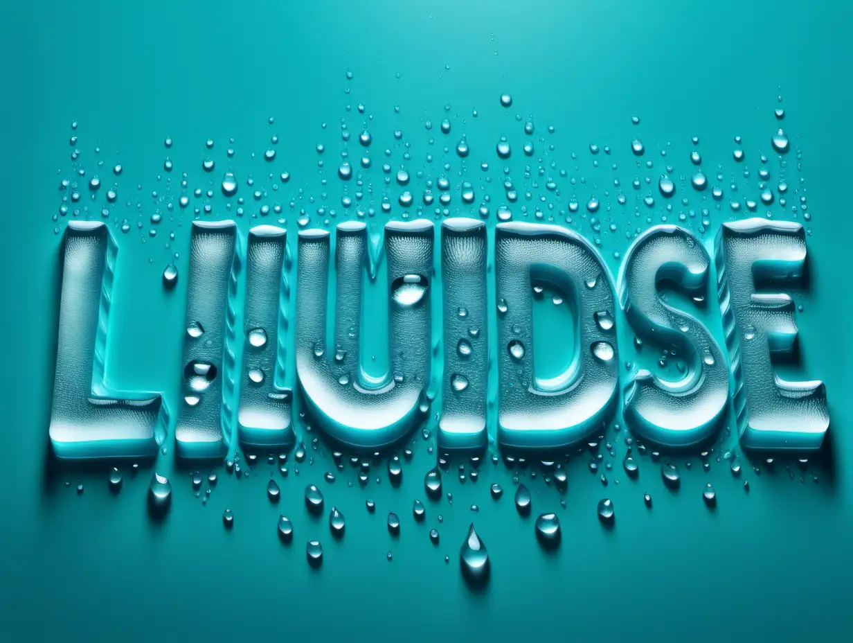 Liquidise text made from water with droplets coming off it on a turqoise background