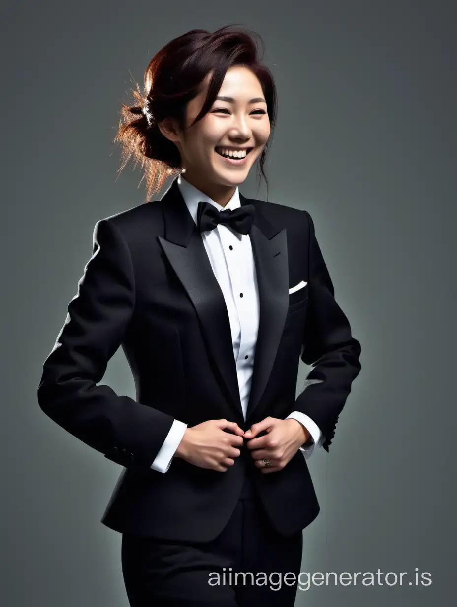 Japanese woman wearing a tuxedo.  Her jacket is open. She is smiling and laughing.  She is crossing her arms.  Her hair is long and black.
