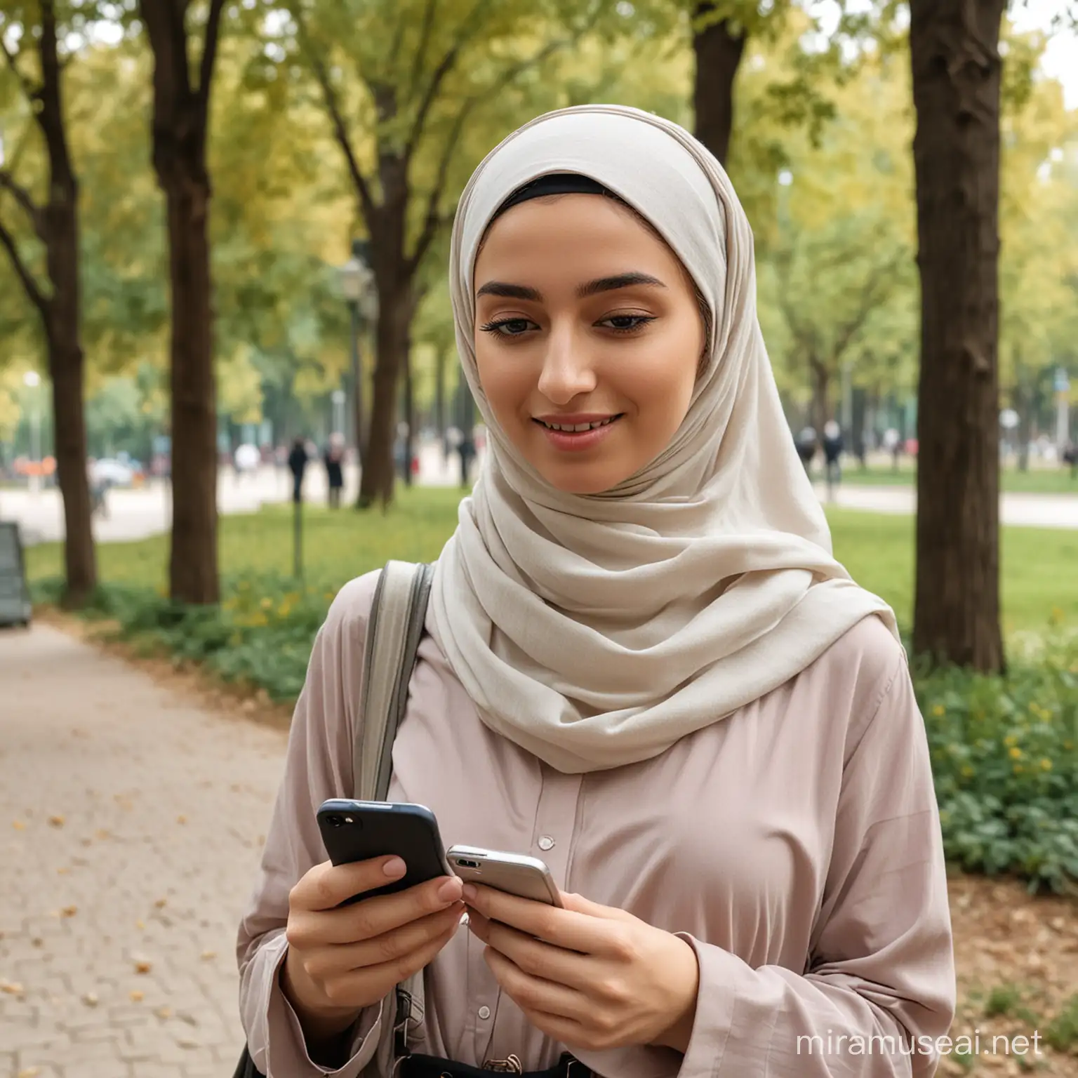 Cewek berhijab berwajah sangat cantik sedang berjalan di taman kota sambil membawa handphone iPhone.