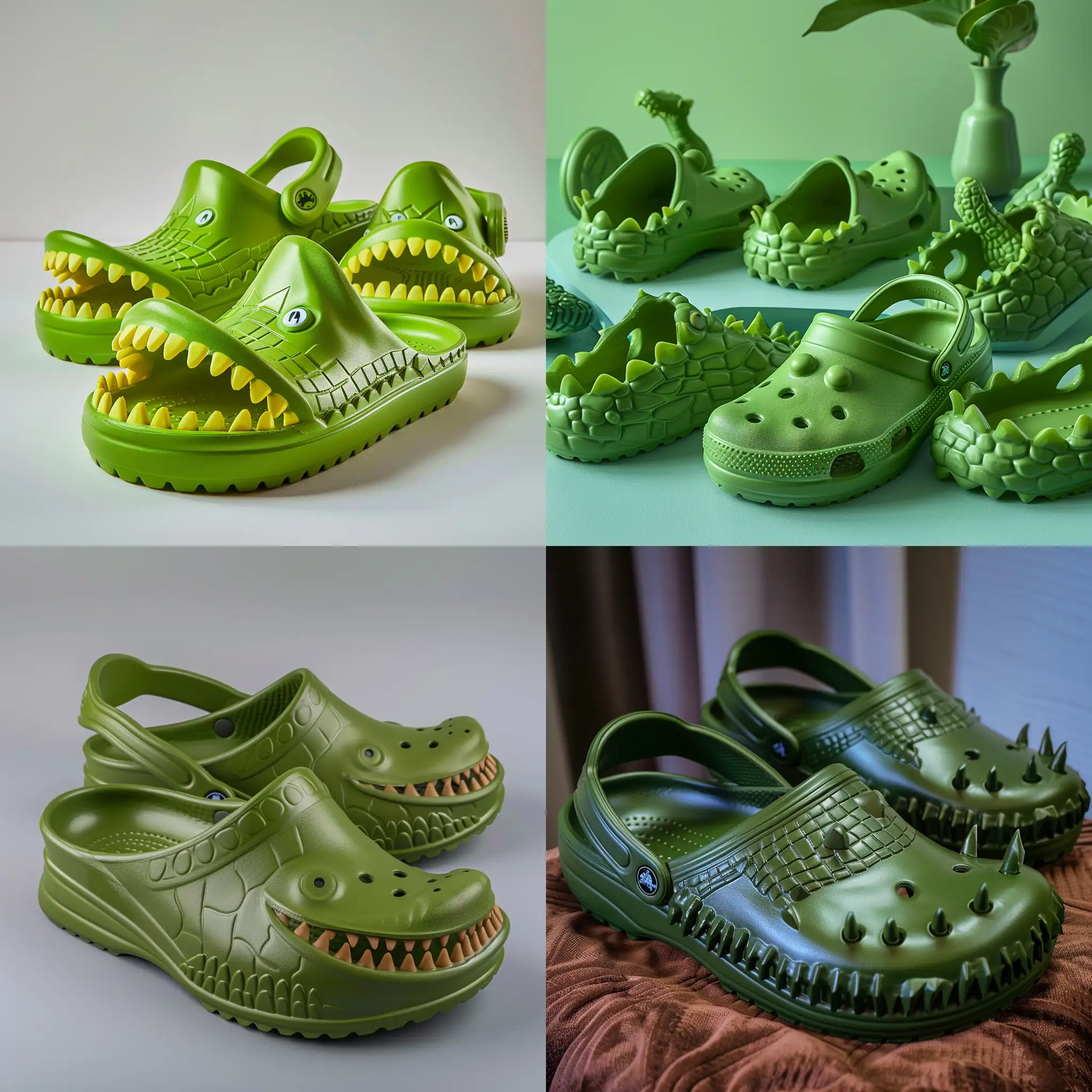 product photography, studio lit, plastic clogs that resemble cartoon crocodiles, medium green