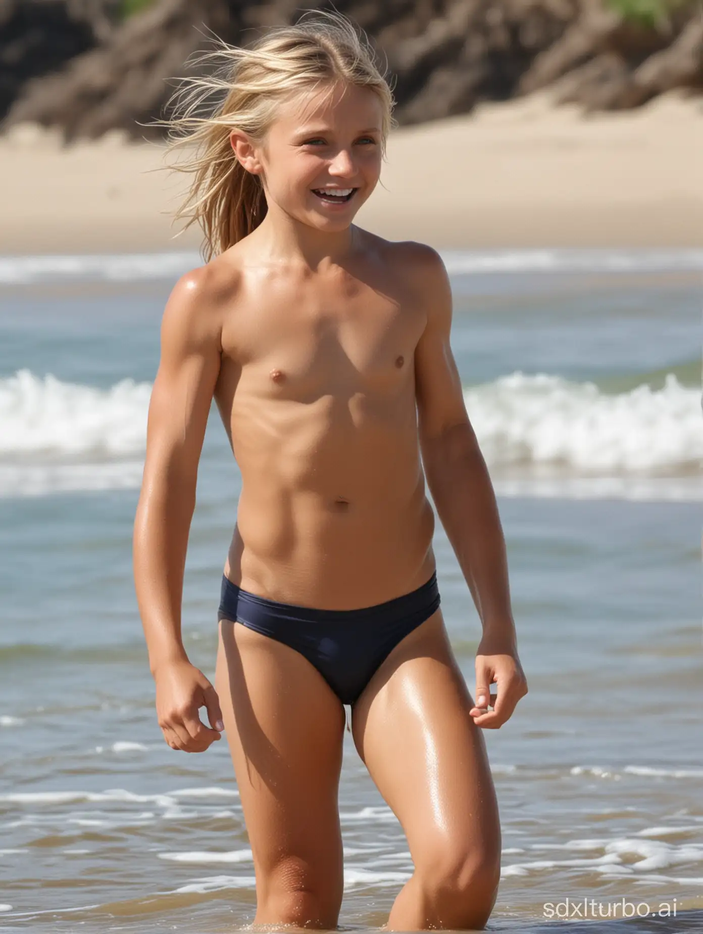 Cameron Diaz at 8 years old, muscular abs, at beach