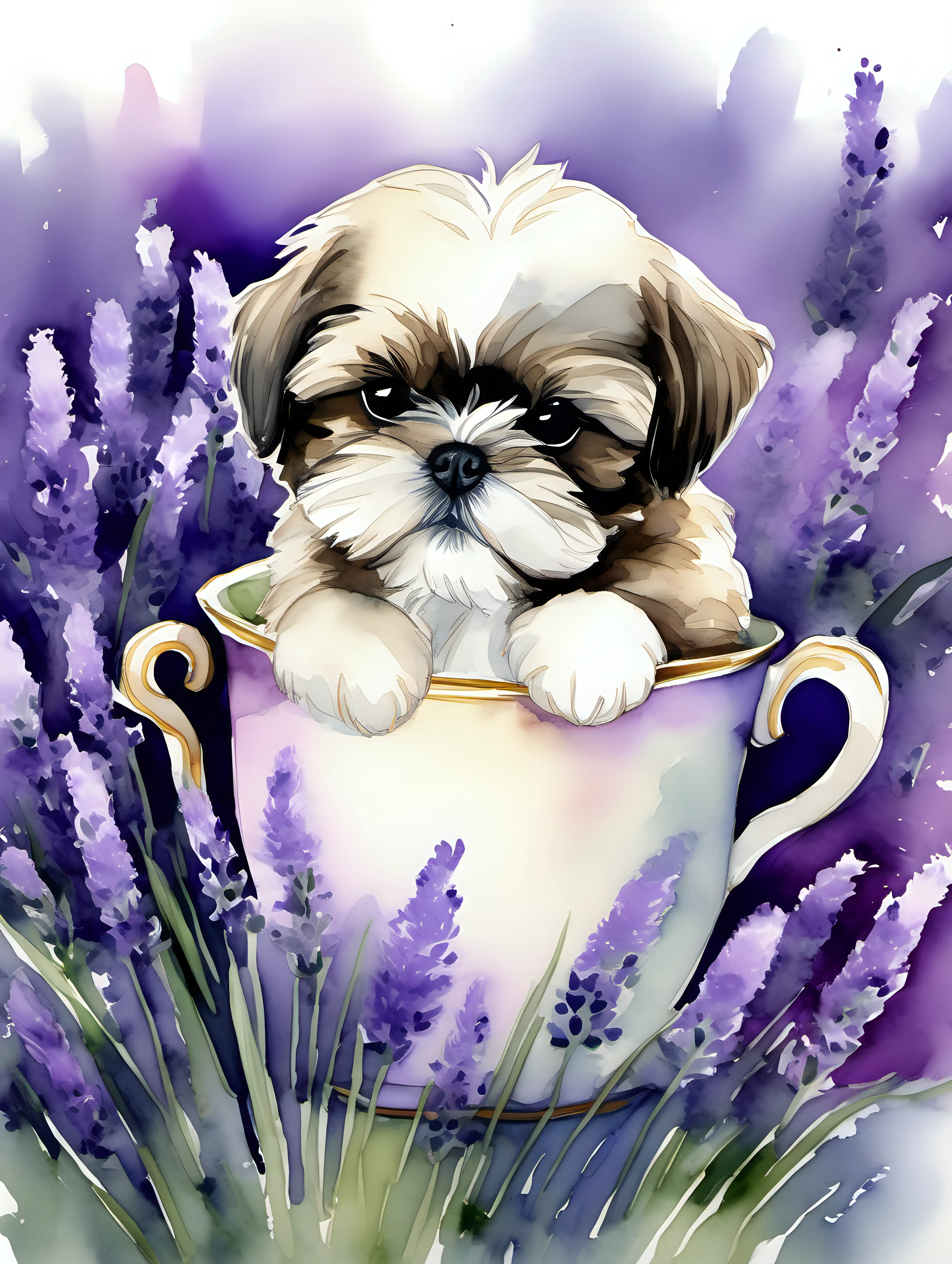 Imagine a heartwarming moment as a tiny Shih Tzu puppy sits in a teacup amidst a bed of lavender blossoms. Let the watercolor strokes convey the tranquility of the scene, with shades of purple and green creating a serene and calming atmosphere.