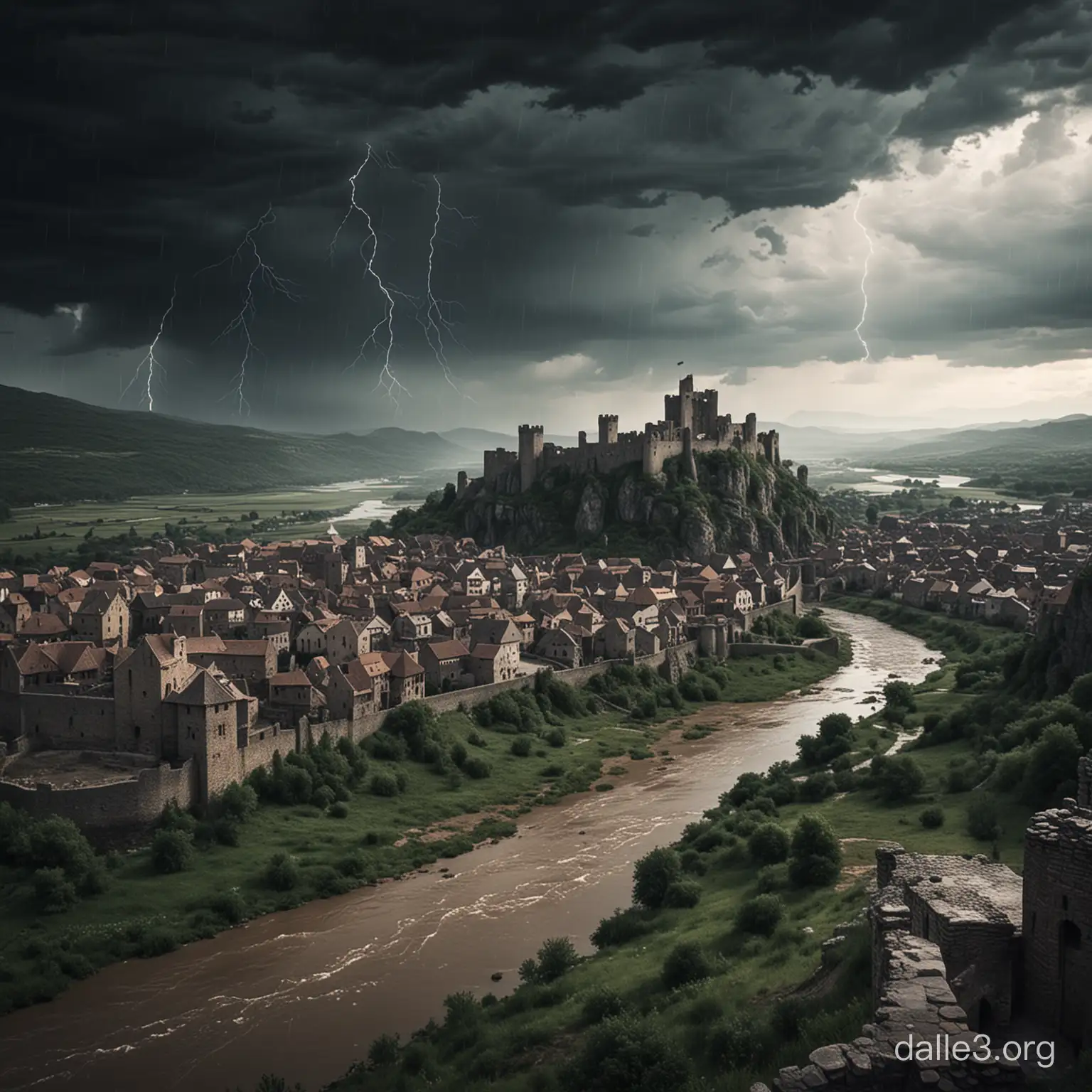 Desolate medieval castle and surrounding towns in the valley with thunderstorm and no sun. The town is rundown and partially flooded.