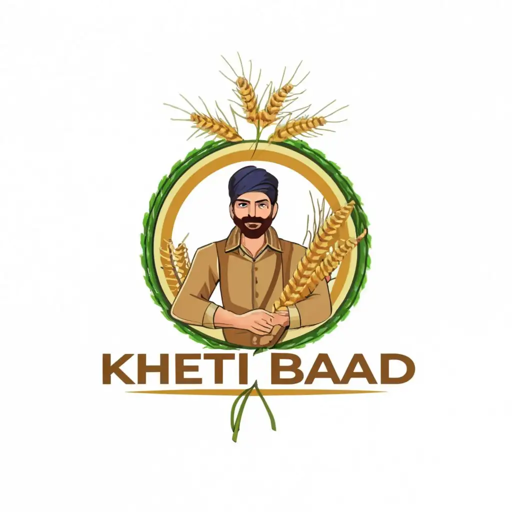 logo, farmer with wheat crop, with the text "Kheti Baadi", typography