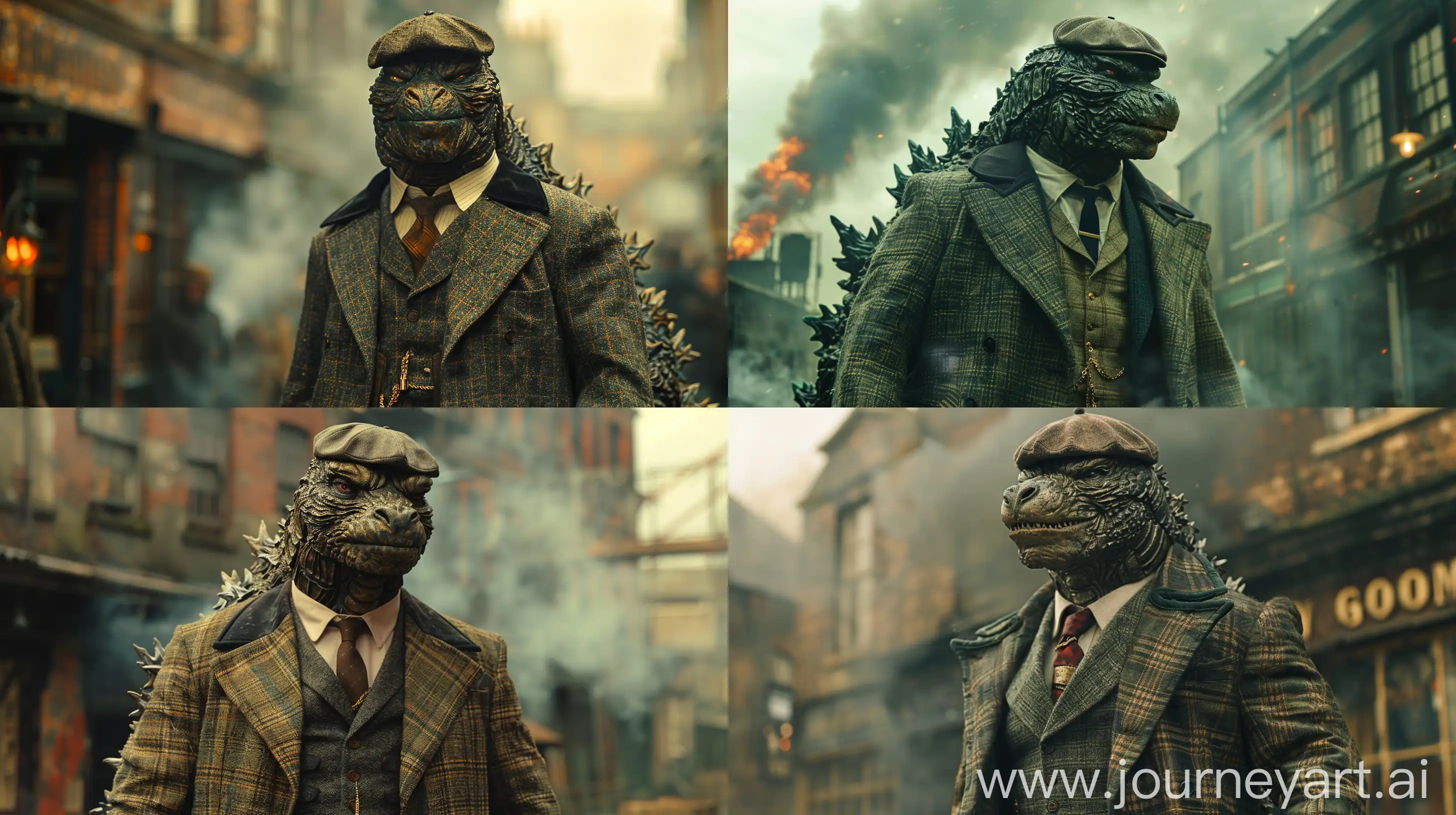   Godzilla dressed in a Wonder Woman costume, channeling the Peaky Blinders' style, a humorous yet serious demeanor, 1920s Birmingham setting, worn tweed suit textures, industrial smoke-filled backdrop, hulking figure poised confidently with a flat cap, juxtaposition of power and elegance, cinematic street scene --ar 16:9 --s 700 --v 6