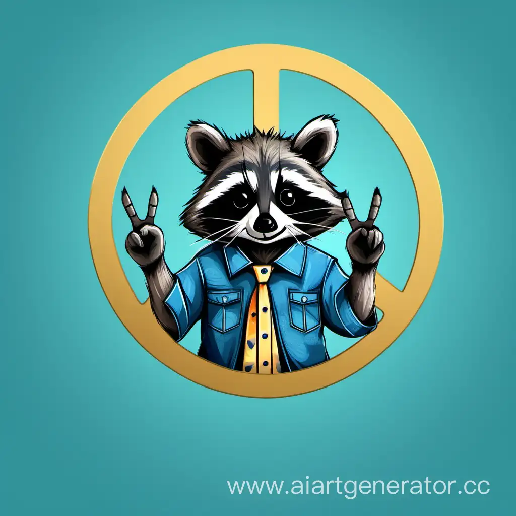 Cute-Raccoon-Wearing-a-Shirt-Making-a-Peace-Sign-on-Blue-Background